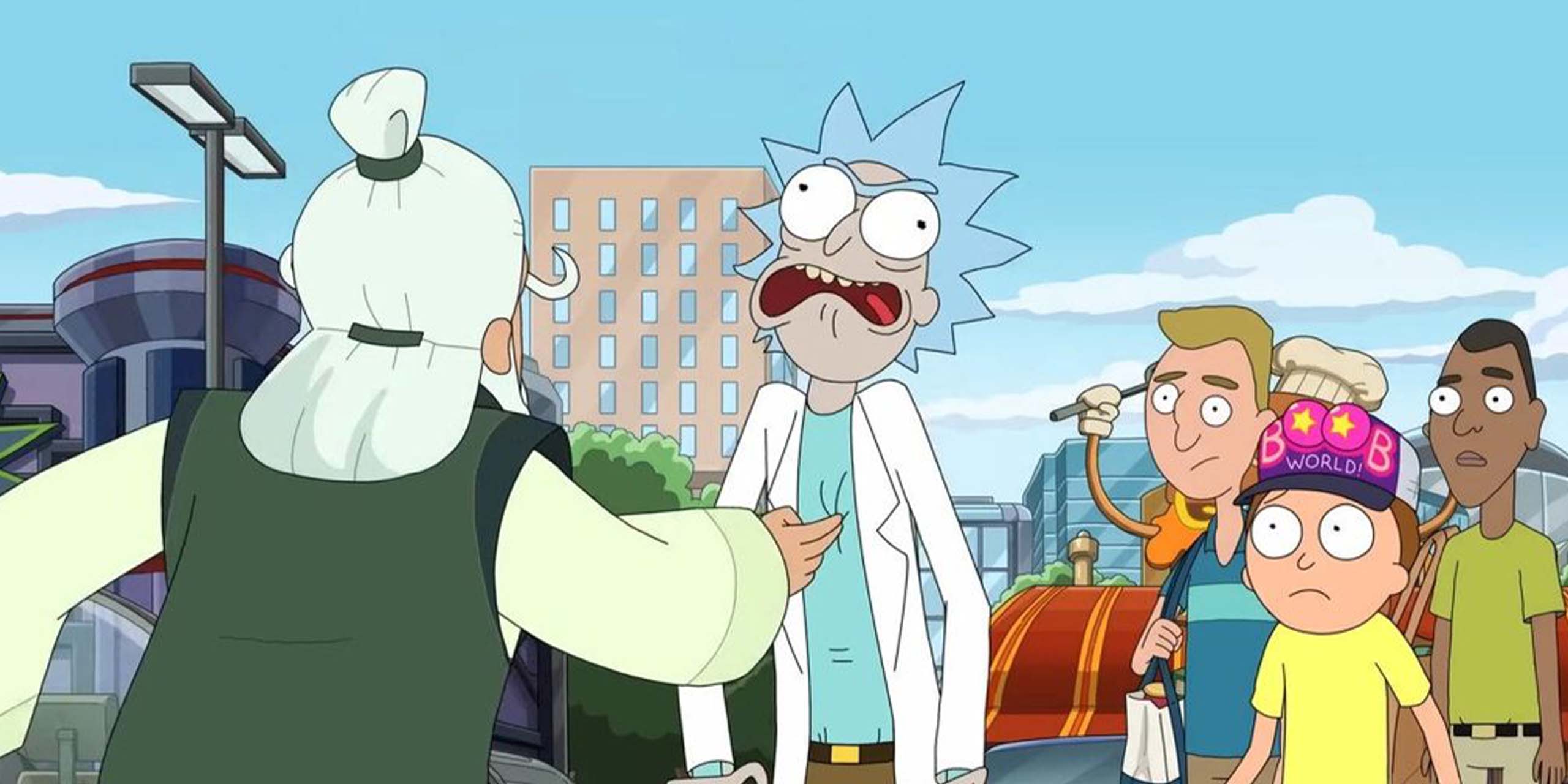 Le grand maître du Kung-Fu Lu Sin frappe Rick dans la saison 9 de Rick et Morty.
