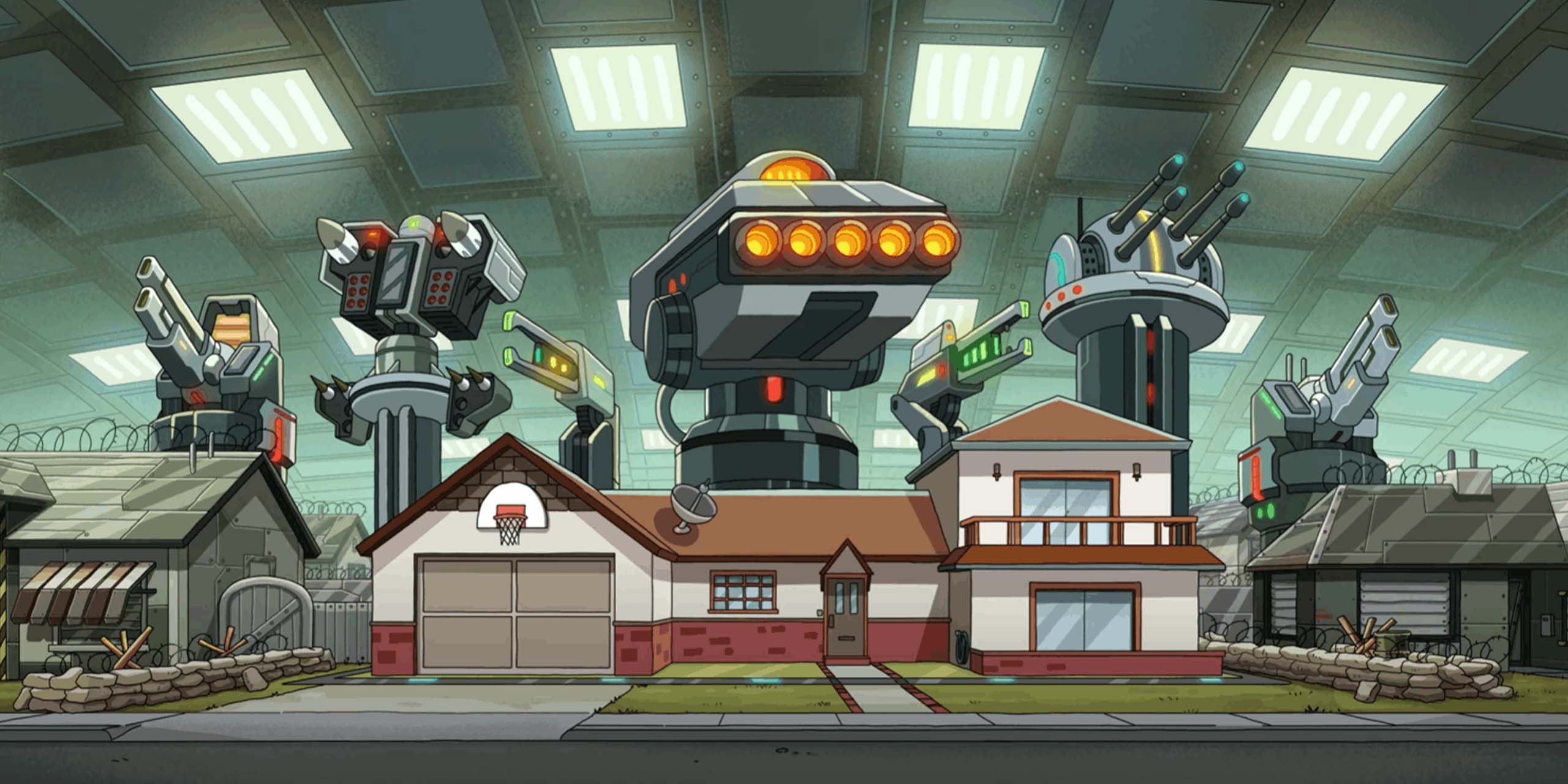 L'énorme système de défense de la maison de la famille dans la saison 9 de Rick et Morty.