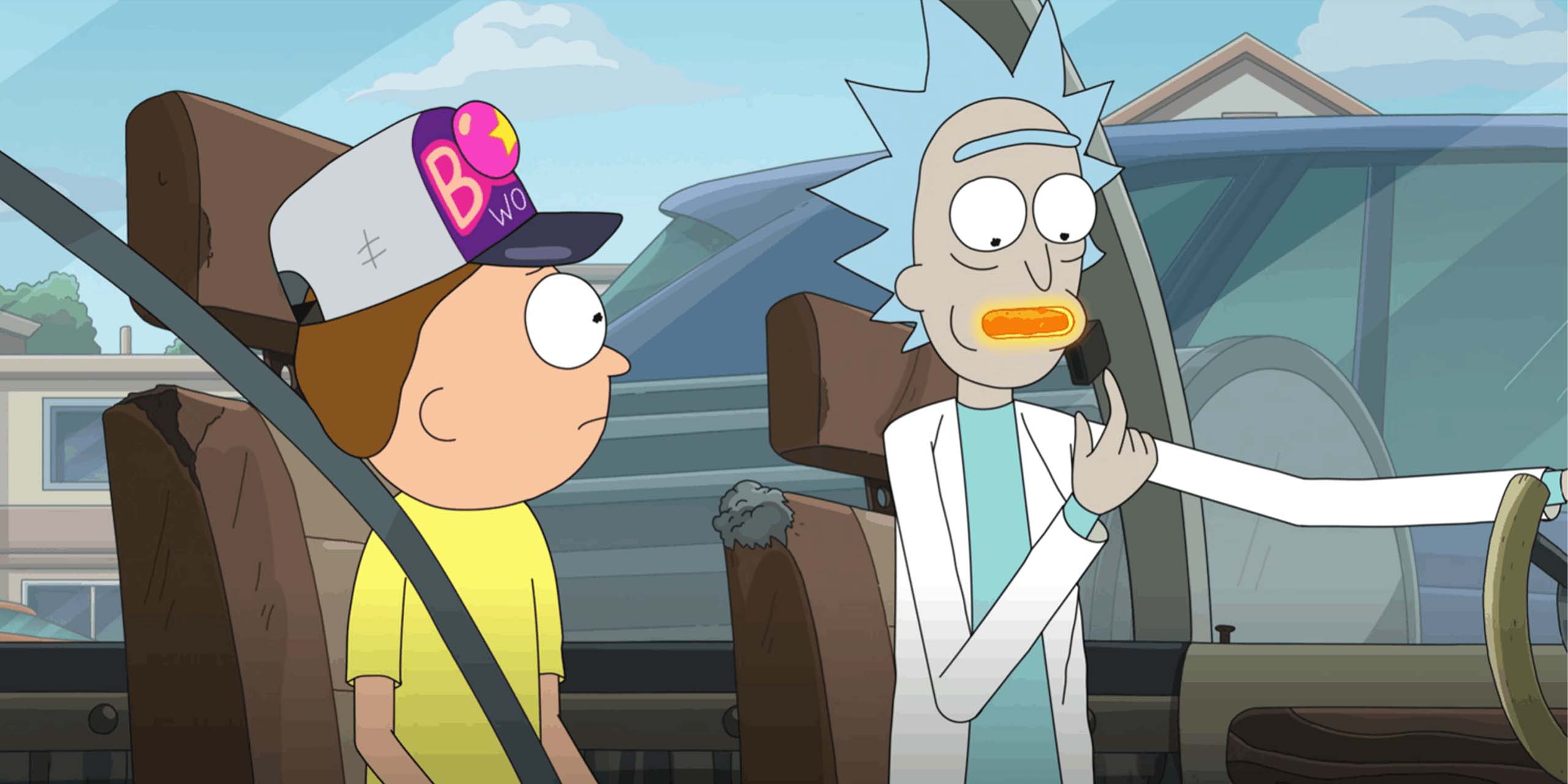 Rick et Morty dans une voiture dans l'épisode 4 de la saison 9 de Rick et Morty.