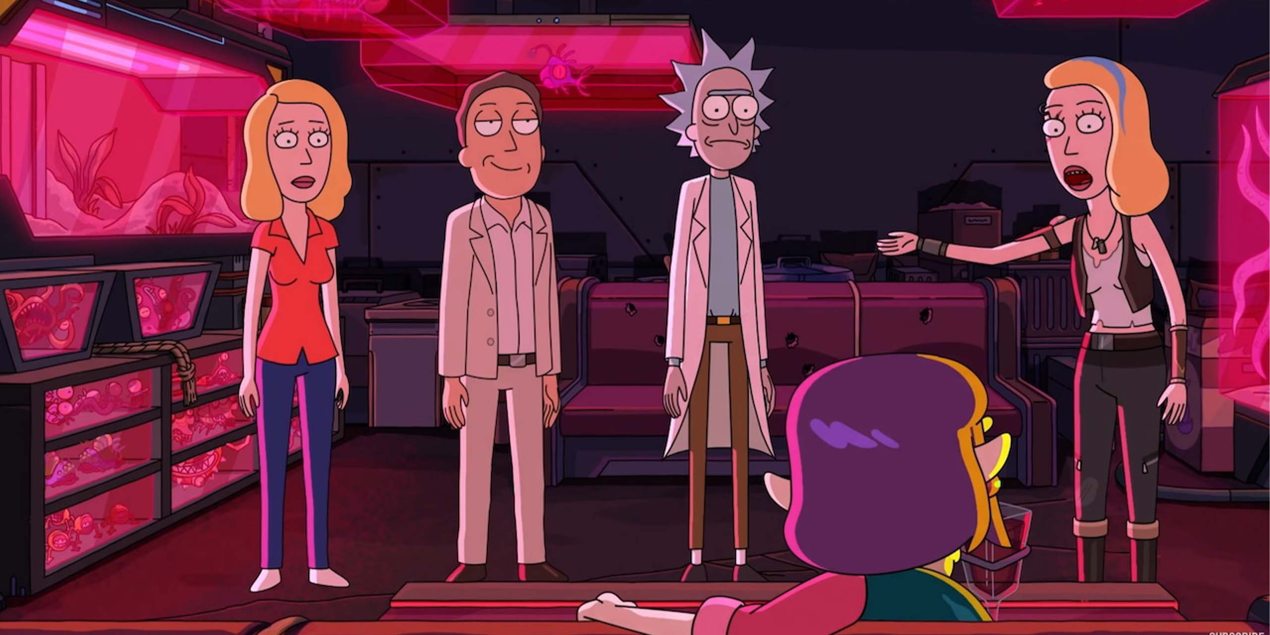 Space Beth montre Jerry du doigt aux côtés de Rick ert Beth, face à Sweet Marie dans la saison 9 de Rick et Morty.