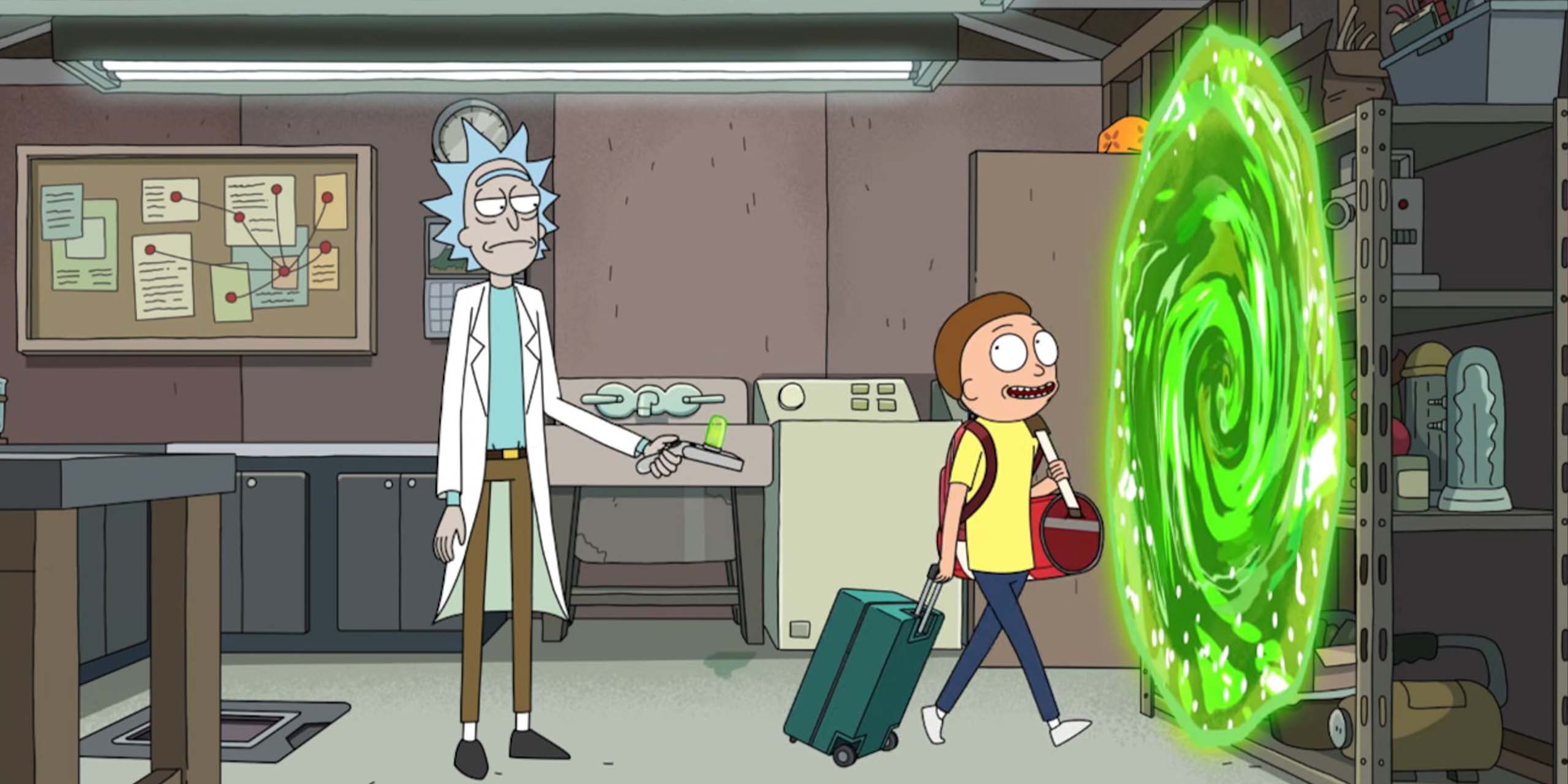 Rick regarde Morty se diriger vers un portail inter-dimensionnel dans la saison 9 de Rick et Morty.