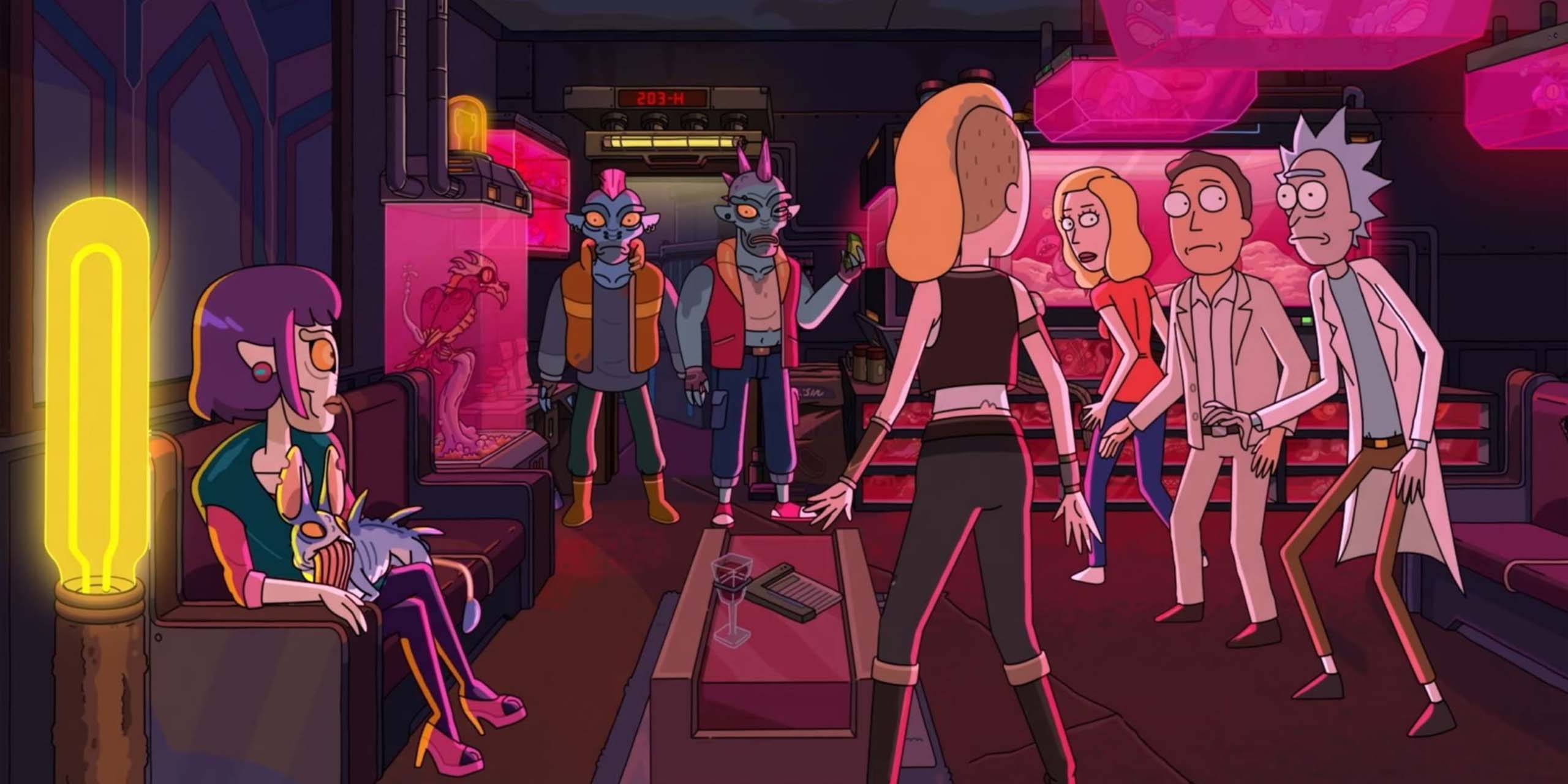 Les deux Beth, Jerry et Rick menacés par Sweet Mary et ses sbires dans la saison 9 de Rick et Morty.