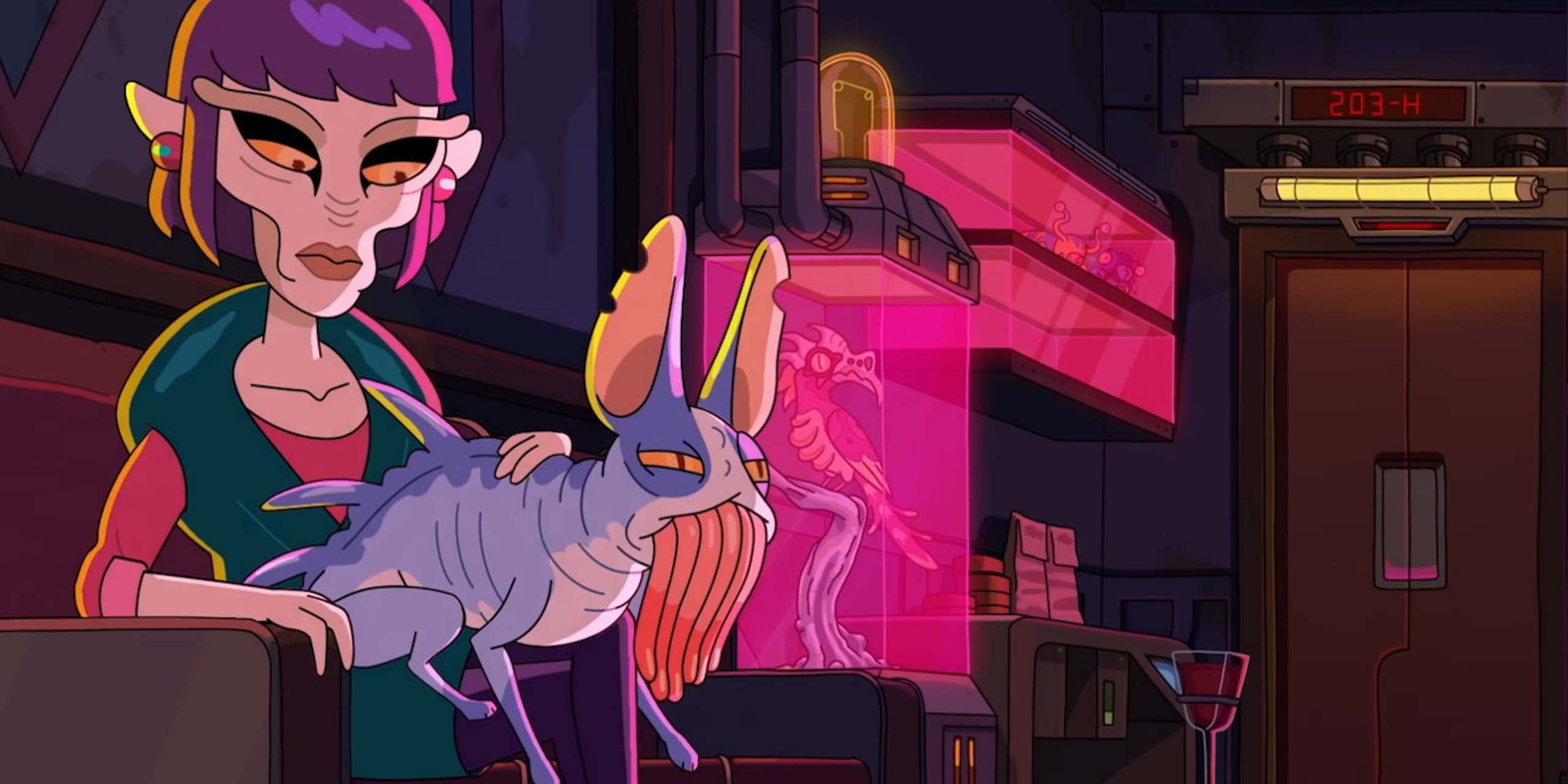 Sweet Marie caressant son animal domestique dans la saison 9 de Rick et Morty.