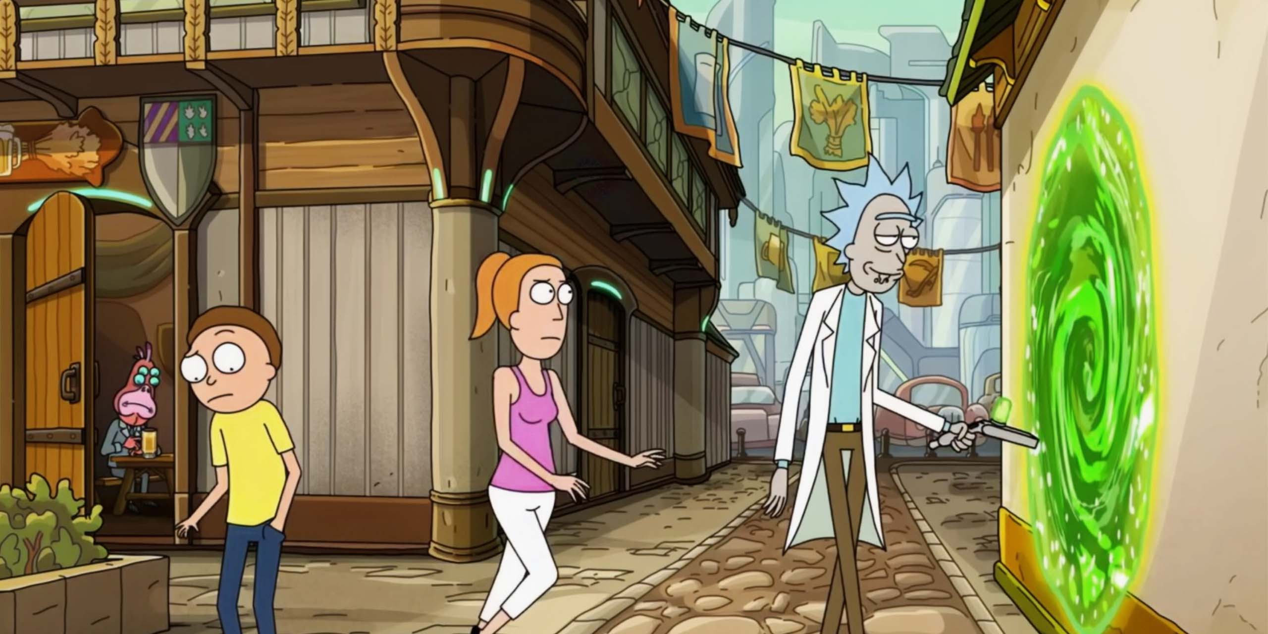 Marty, Summer et Rick qui ouvre un portail inter-dimensionnel dans la saison 9 de Rick et Morty.