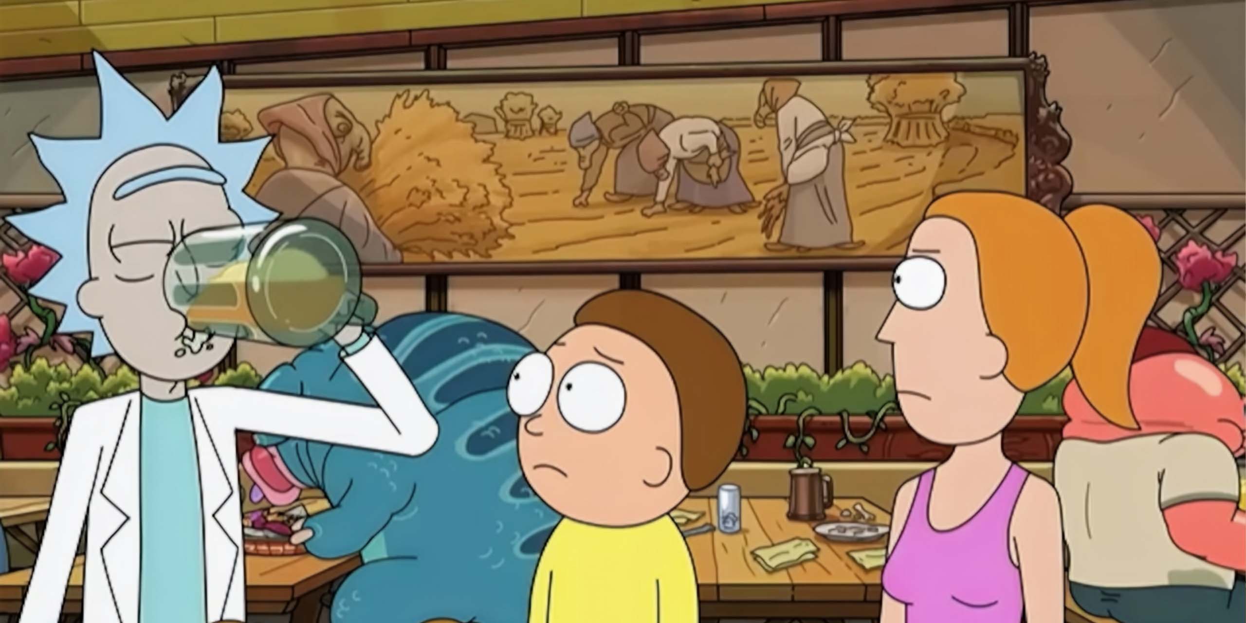 Rick boit une pinte de bière pendant que Rick et Summer le regardent, dans la saison 9 de Rick et Morty.