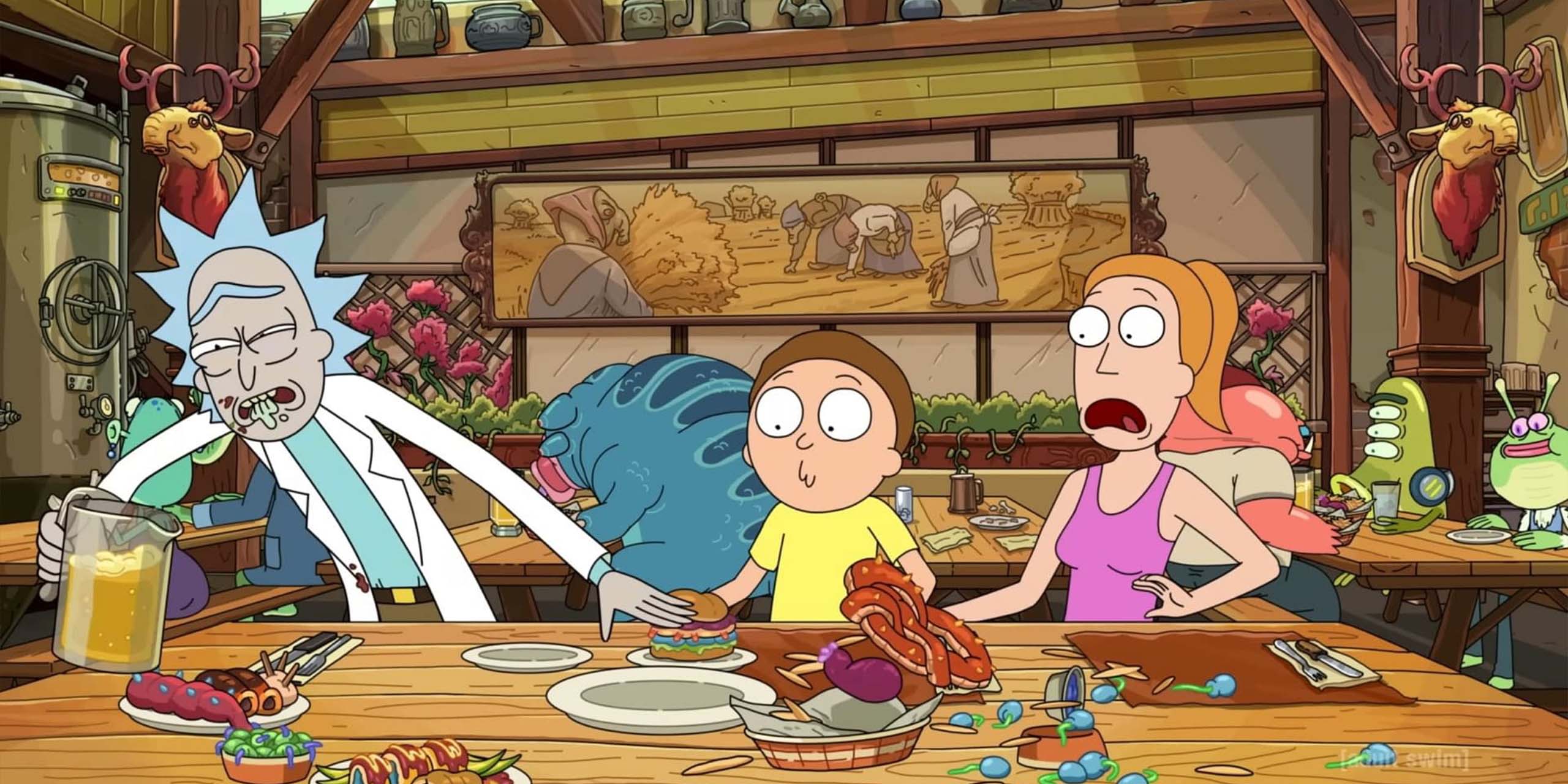 Malade, Rick s'apprête à vomir dans un restaurant, près de Marty et Summer, dans la saison 6 de Rick et Morty.