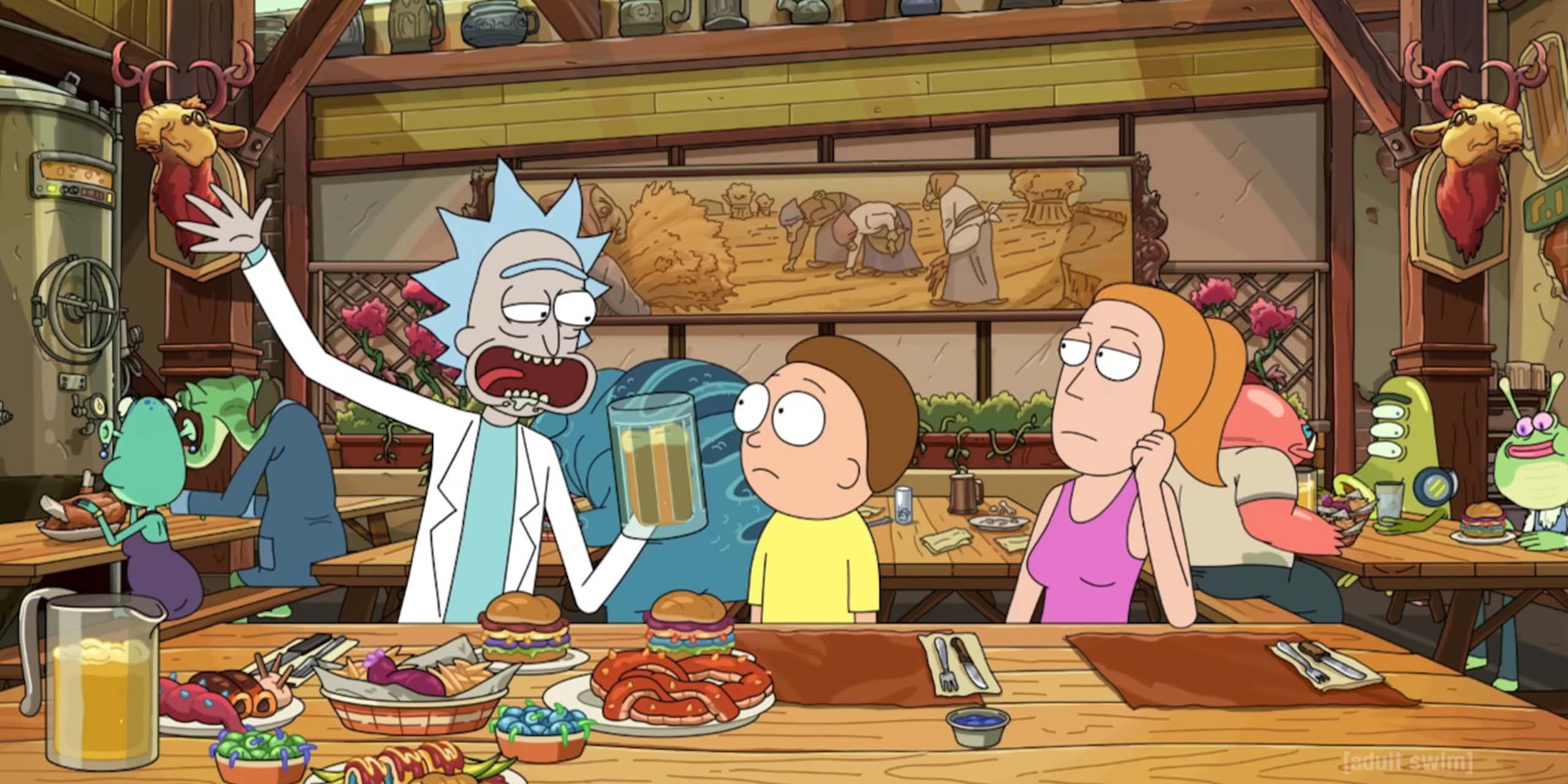 Rick ivre parle à Marty et Summer dans un restaurant dans la saison 9 de Rick et Morty.