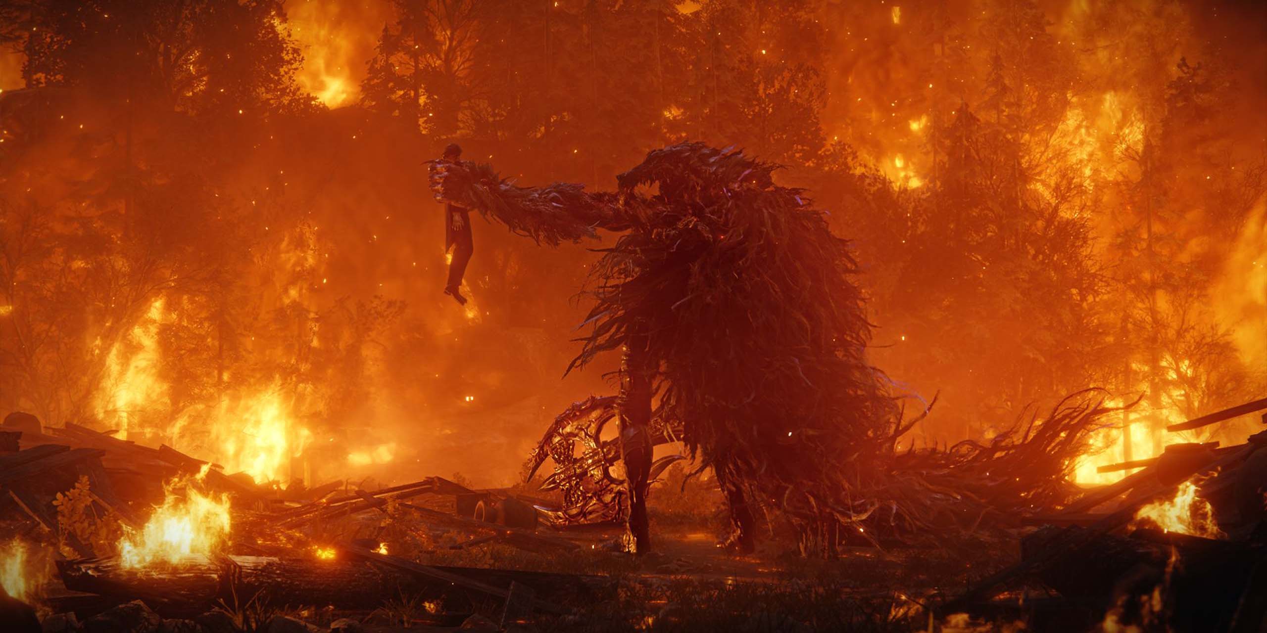 The Duskbloods : combat contre une créature géante dans un décor ravagé par les flammes