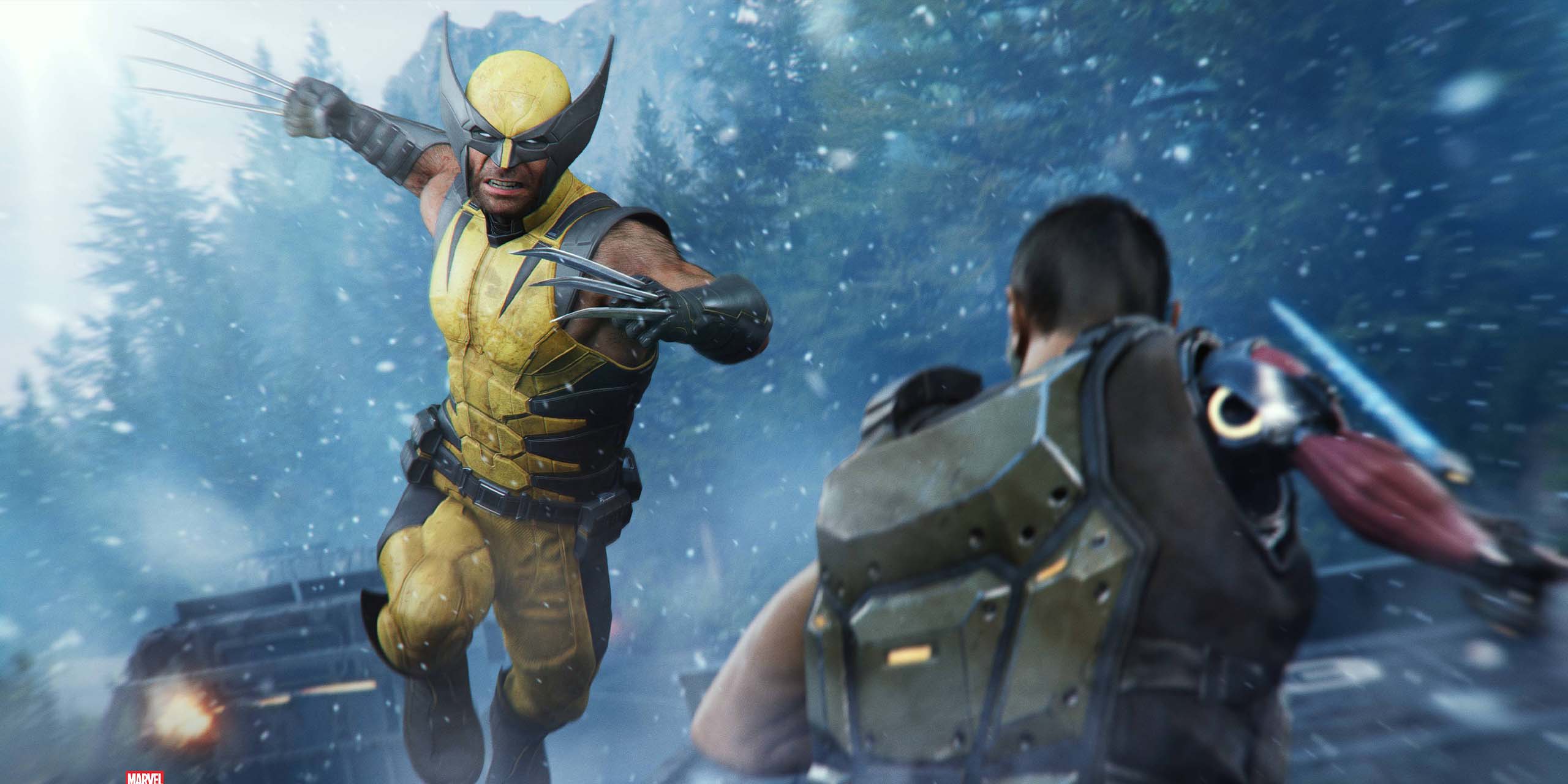 Logan alias Wolverine, dans son costume jaune des X-Men, attaquant son ennemi avec ses griffes d'adamantium dans une forêt enneigée dans le jeu vidéo Marvel's Wolverine.