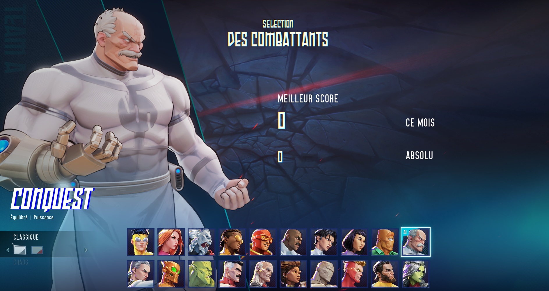 Écran de sélection des personnages dans Invincible VS
