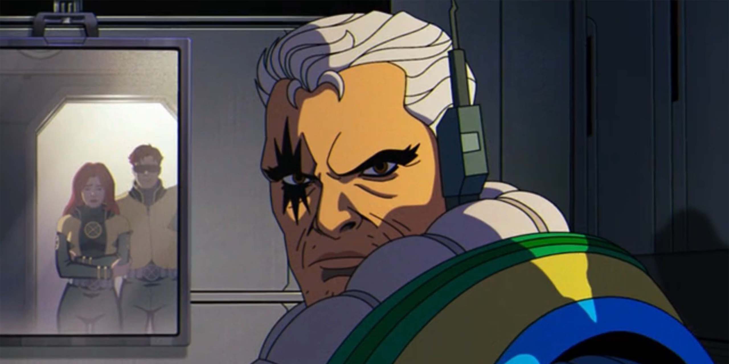 Cable se retourne vers Cyclope et Jean Grey, qui se reflètent dans un miroir, dans la saison 2 de X-Men '97.