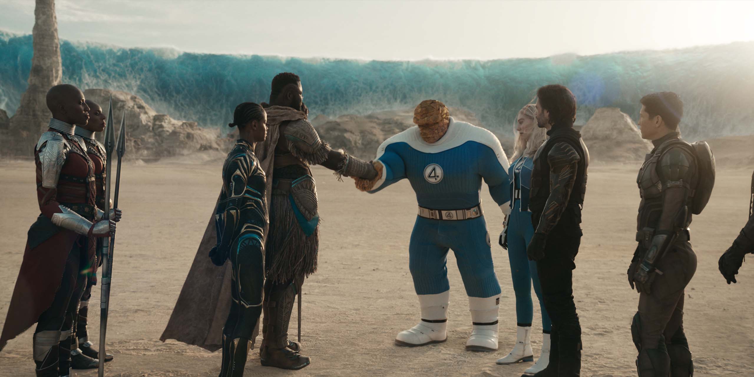 M'Baku et Shuri saluent la Chose et Sue Storm des Quatre Fantastiques, ainsi que Bucky Barnes.