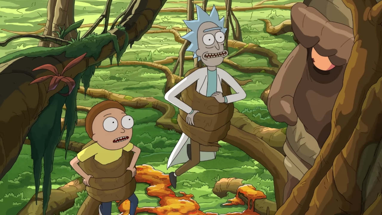 Un arbre en colère tient Rick et Morty entre ses mains dans la saison 9 de Rick et Morty.