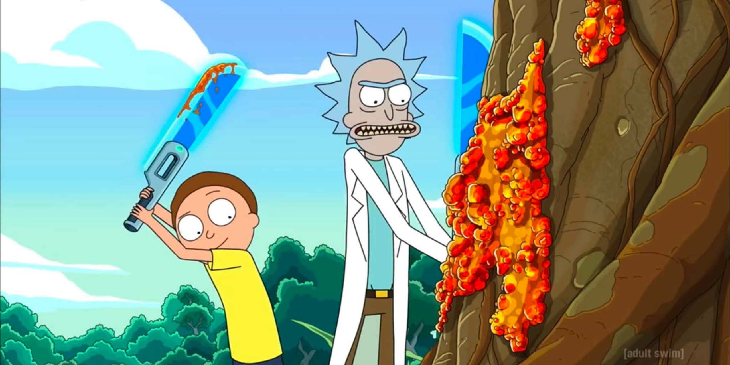 Morty et Rick abattant un arbre à coups de sabre laser dans la saison 9 de Rick et Morty.