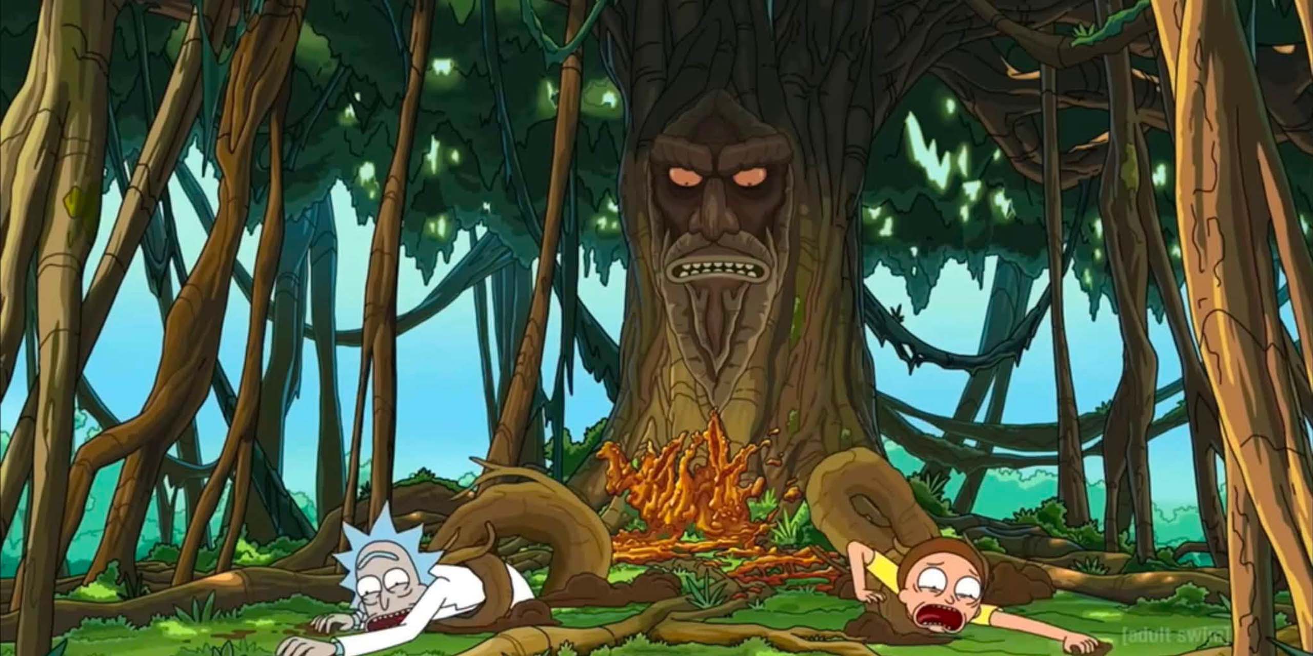 Rick et Morty attrapés par les racines d'un arbres furieux dans la saison 9 de Rick et Morty.