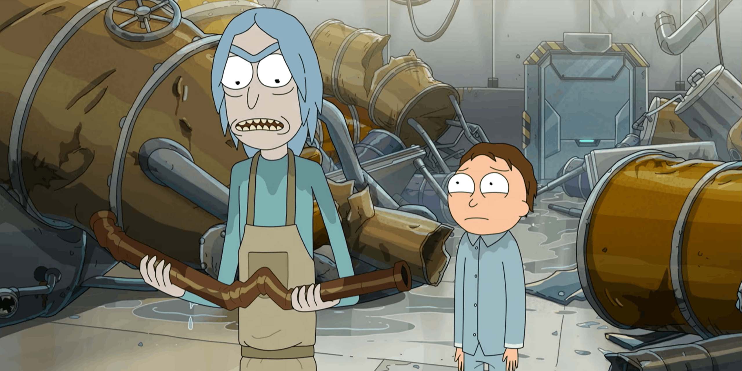 Morty et Rick devant les restes de la distillerie dans la saison 9 de Rick et Morty.