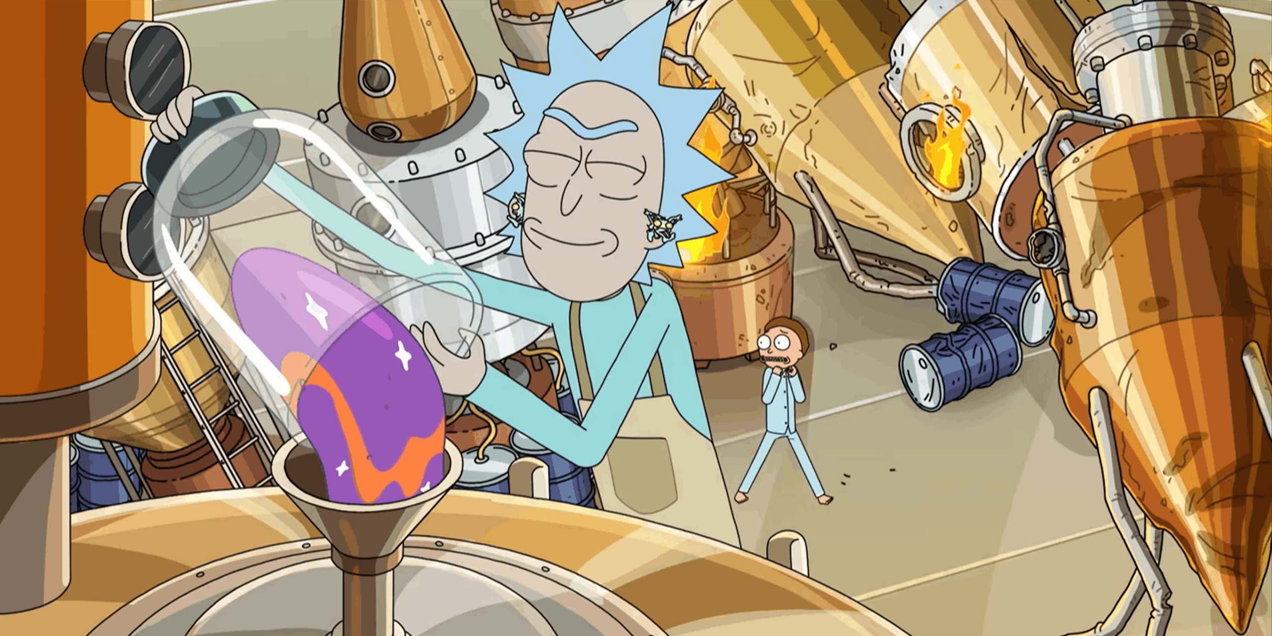 Rick fabriquant son alcool extraterrestre, et Morty paniqué, dans la saison 9 de Rick et Morty.