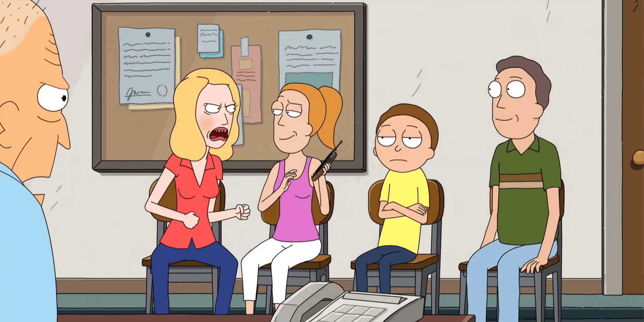Beth, Summer, Morty et Jerry dans le bureau du proviseur dans la saison 9 de Rick et Morty.