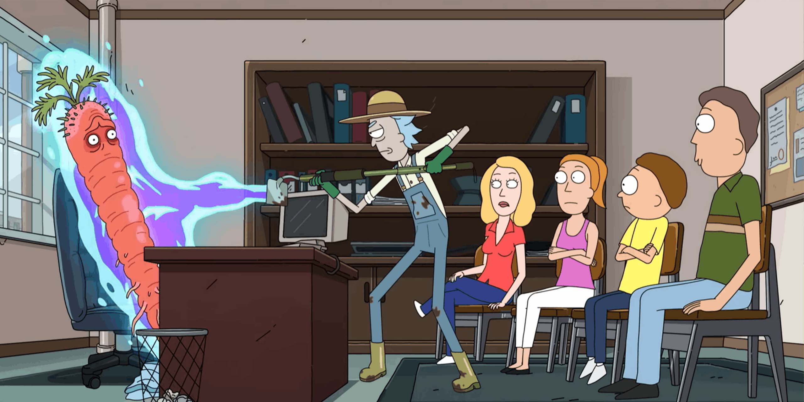 Rick transforme le proviseur en carotte, devant Beth, Summer, Morty et Jerry dans la saison 9 de Rick et Morty.