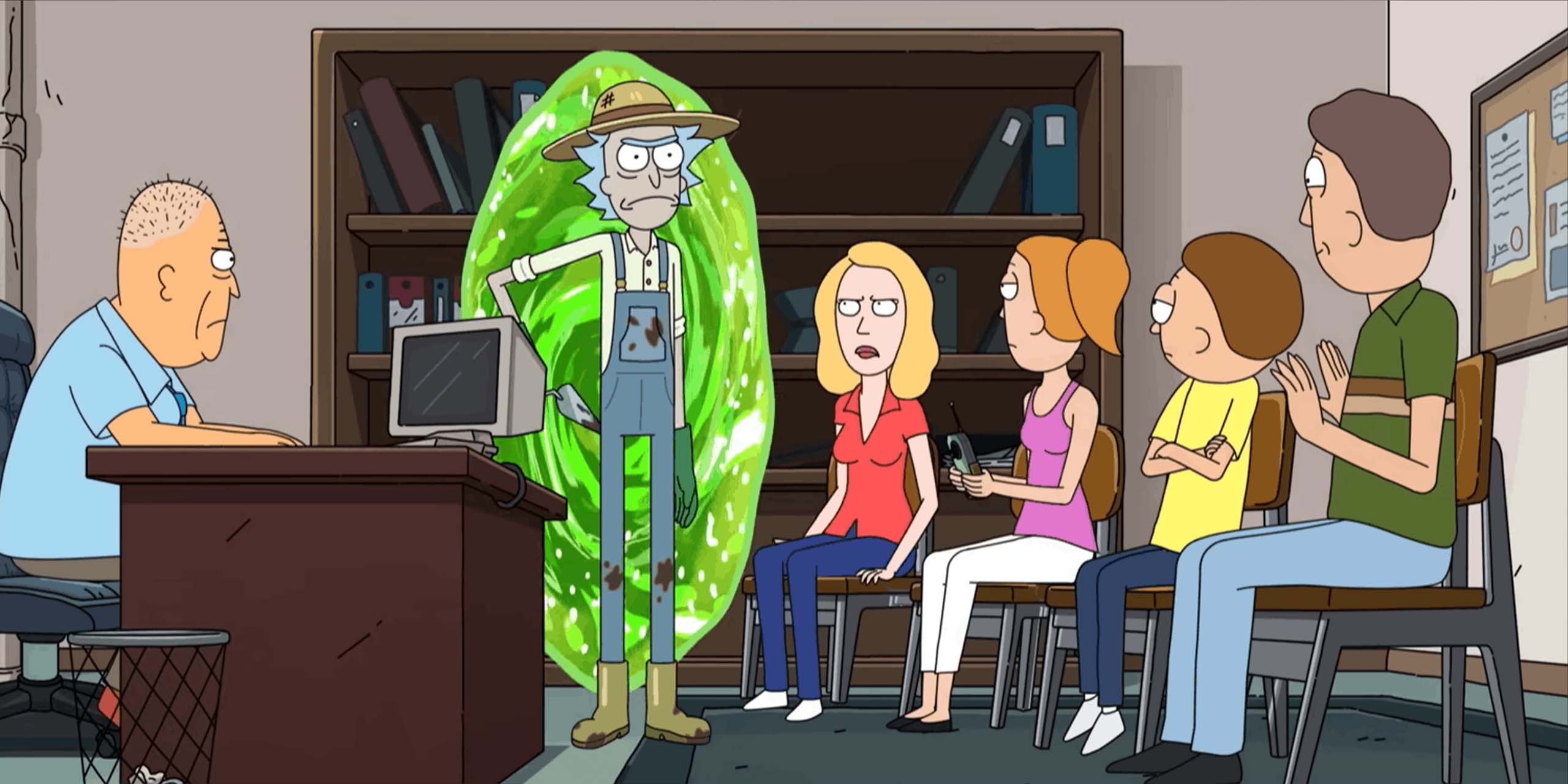 Rick débarque dans le bureau du proviseur via un portail trans-dimensionnel, où se trouve déjà Beth, Summer, Morty et Jerry, dans la saison 9 de Rick et Morty.