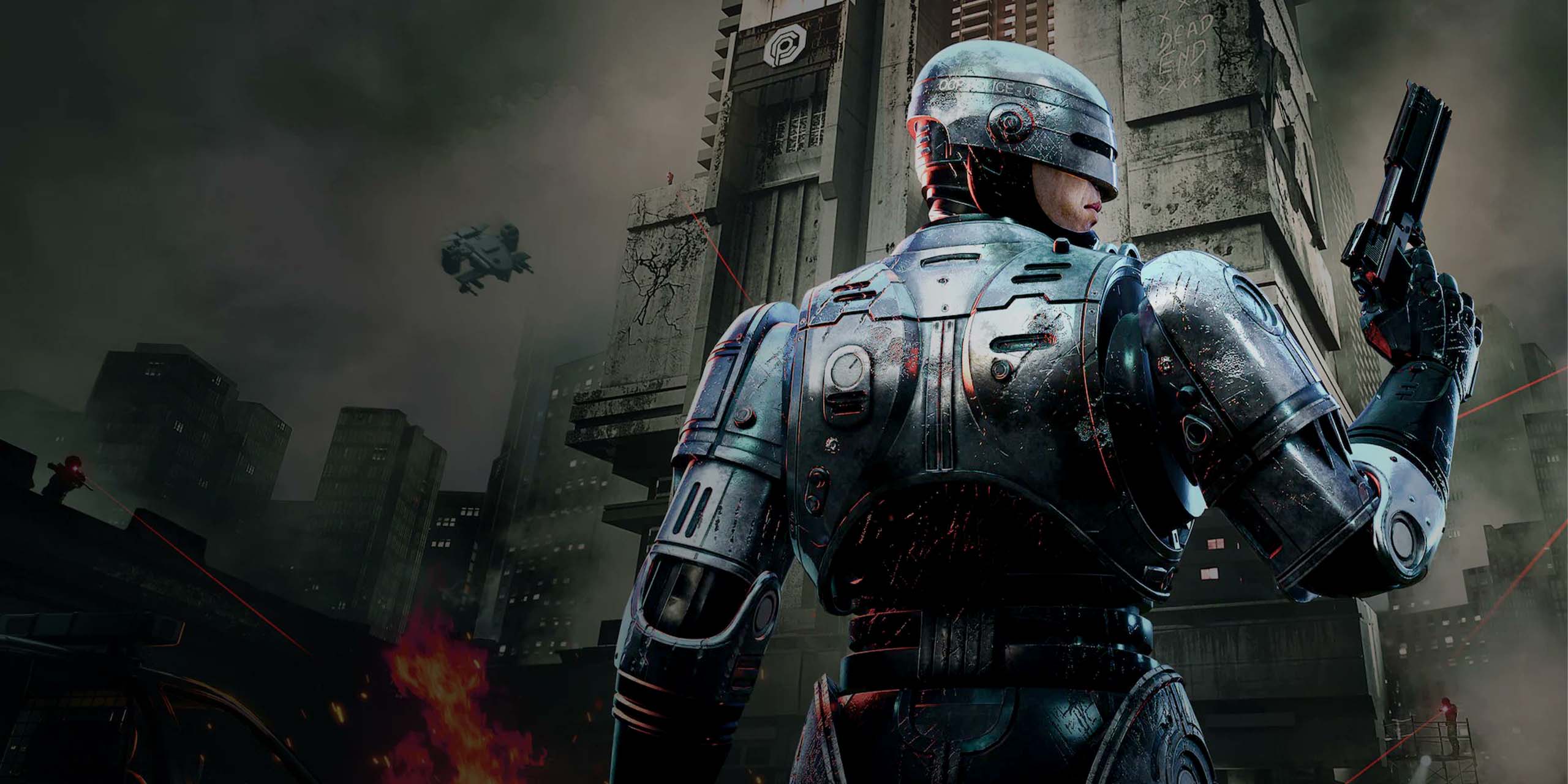 RoboCop de dos dans le jeu RoboCop: Rogue City.