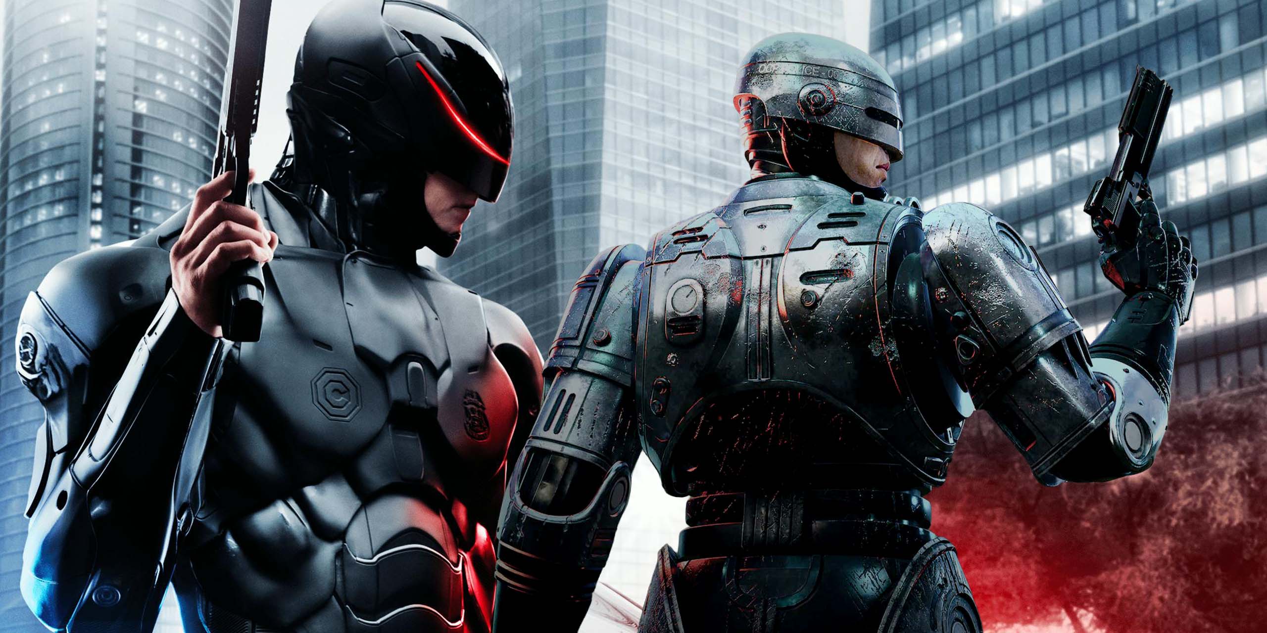 Le RoboCop du remake de 2014 et celui du jeu Rogue City.