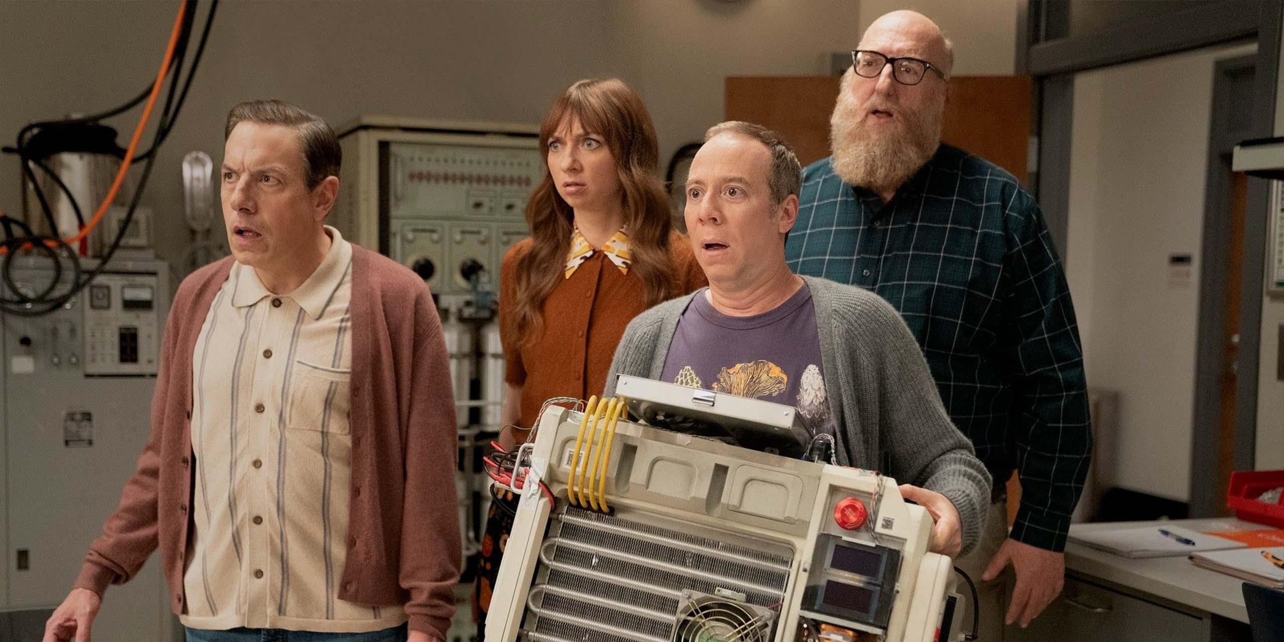Barry, Denise, Stuart et Bert ont l'air perplexes dans Stuart fails to save the Universe.
