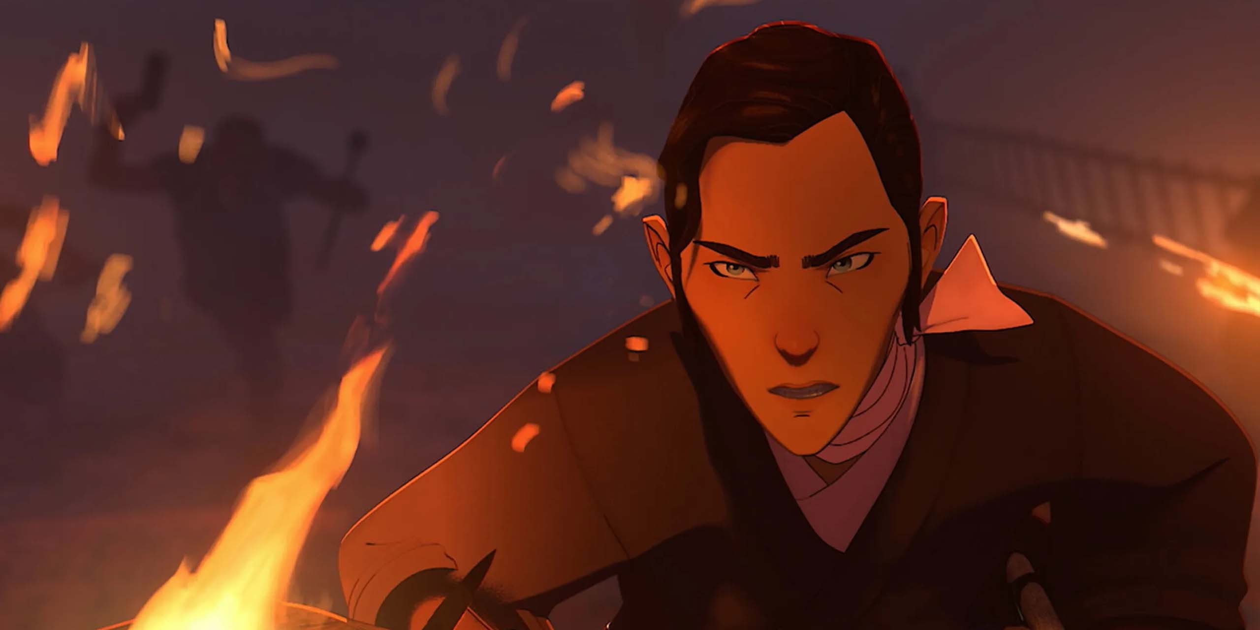 Mizu (Maya Erskine) au milieu des flammes dans Blue Eye Samurai.