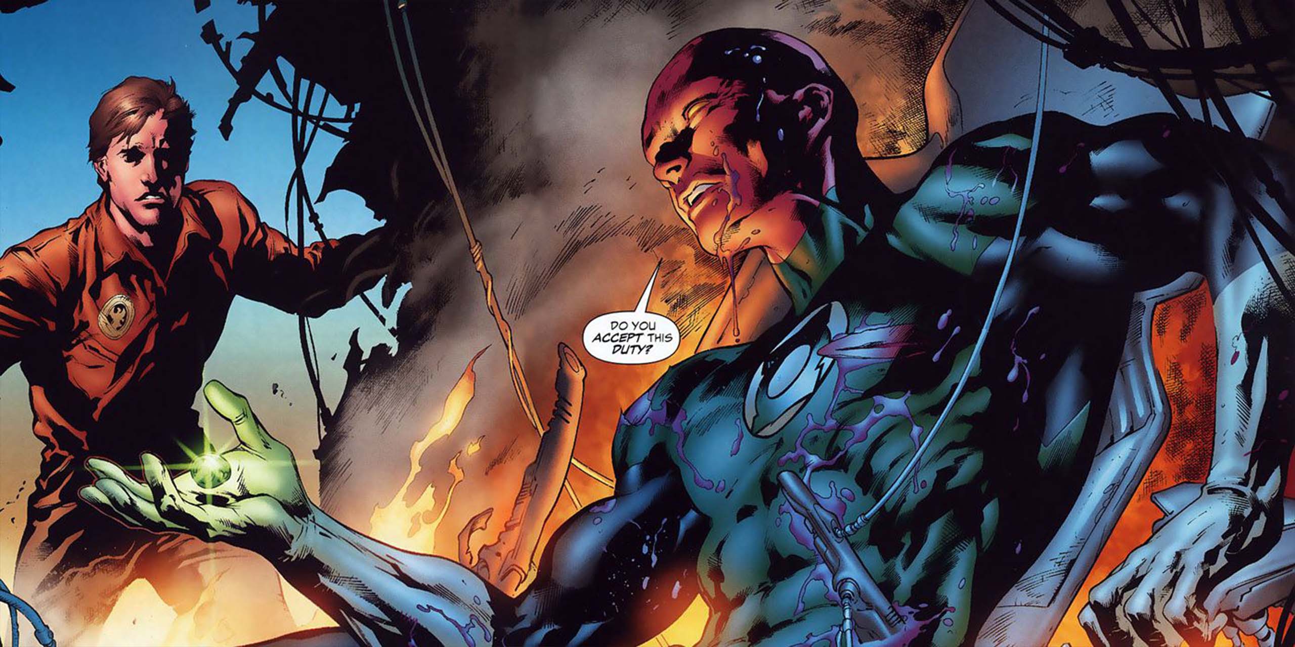 Hal Jordan découvre l'ancien porteur de l'anneau Abin Sur, dans les comics Green Lantern.