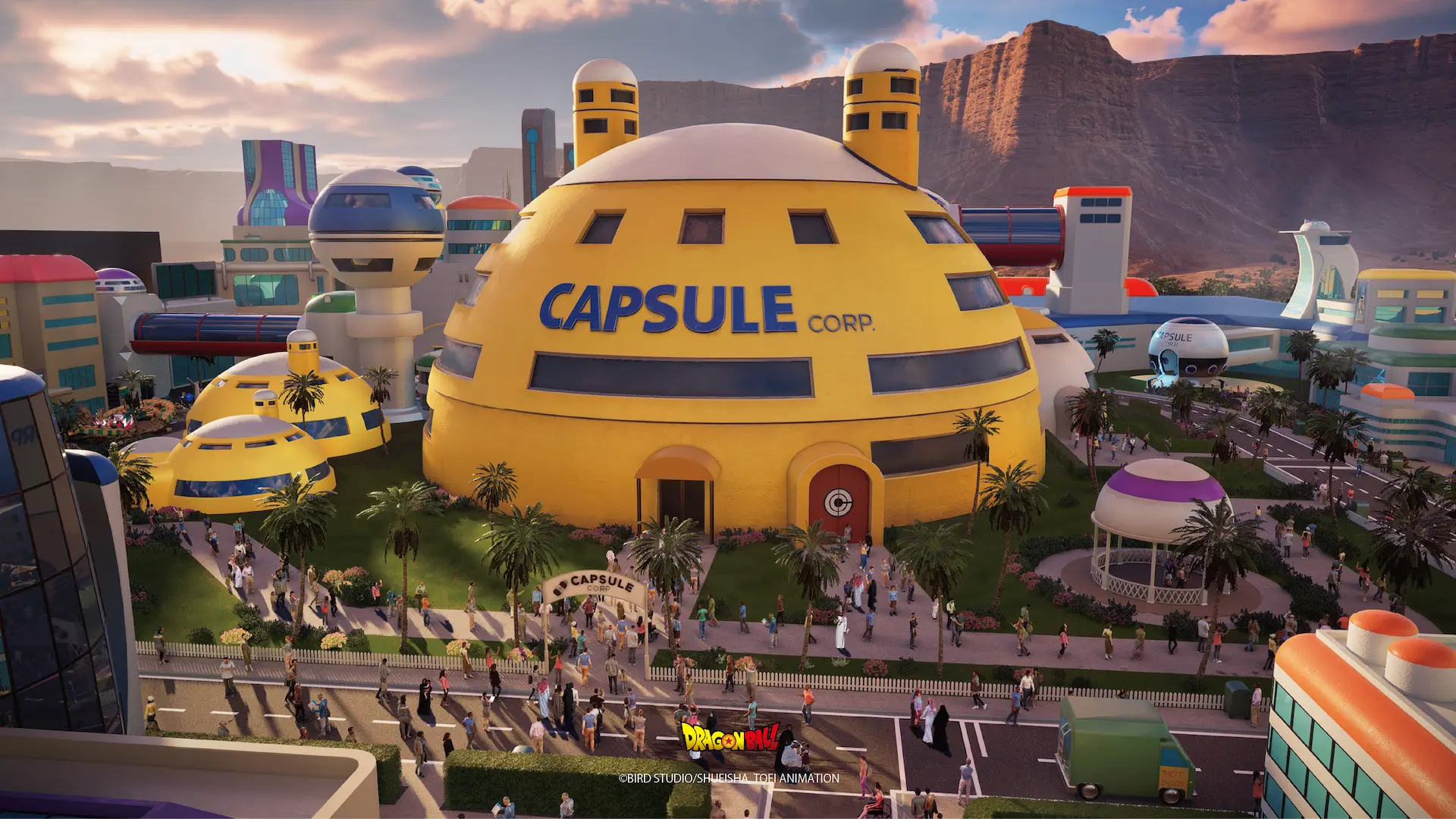 Concept Art d'un parc d'attraction Dragon Ball avec la maison de Bulma.