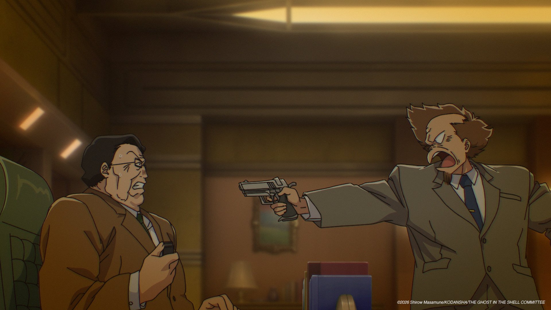 Aramaki menace le chef de la Section 1 dans The Ghost in the Shell