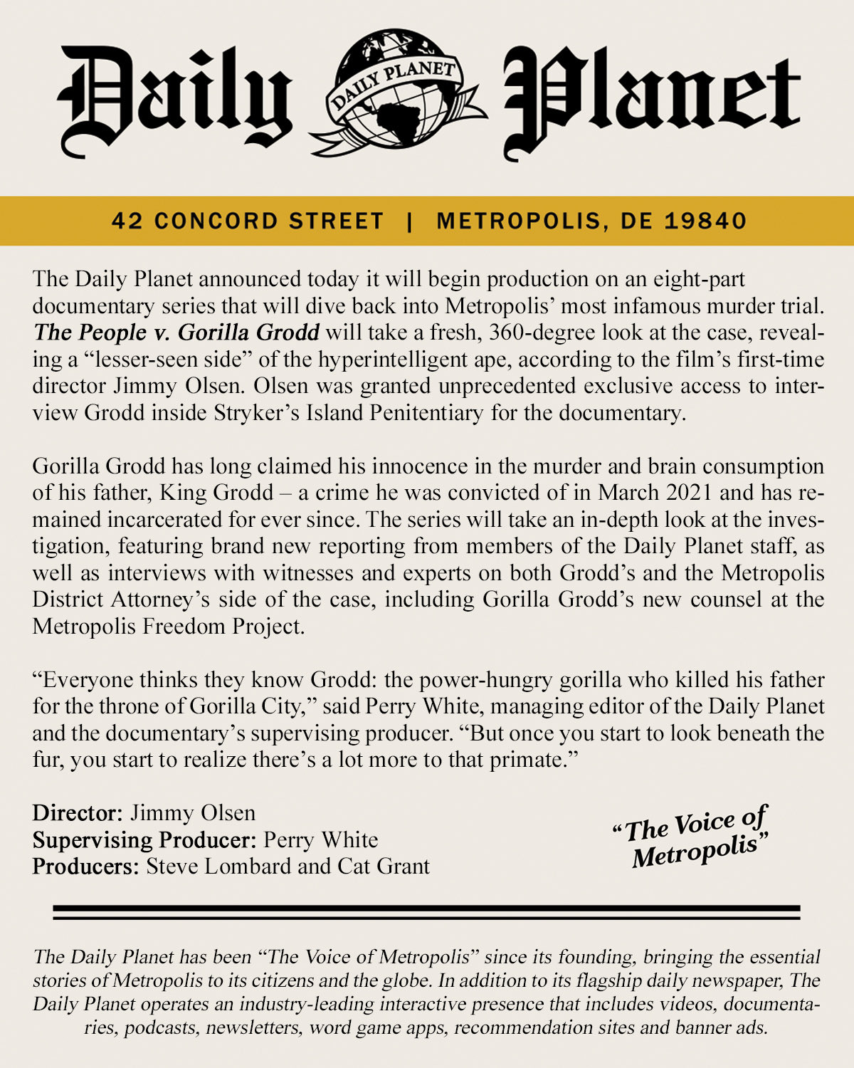 Communiqué du Daily Planet annonçant le documentaire The People v. Gorilla Grodd sur le procès de Gorilla Grodd
