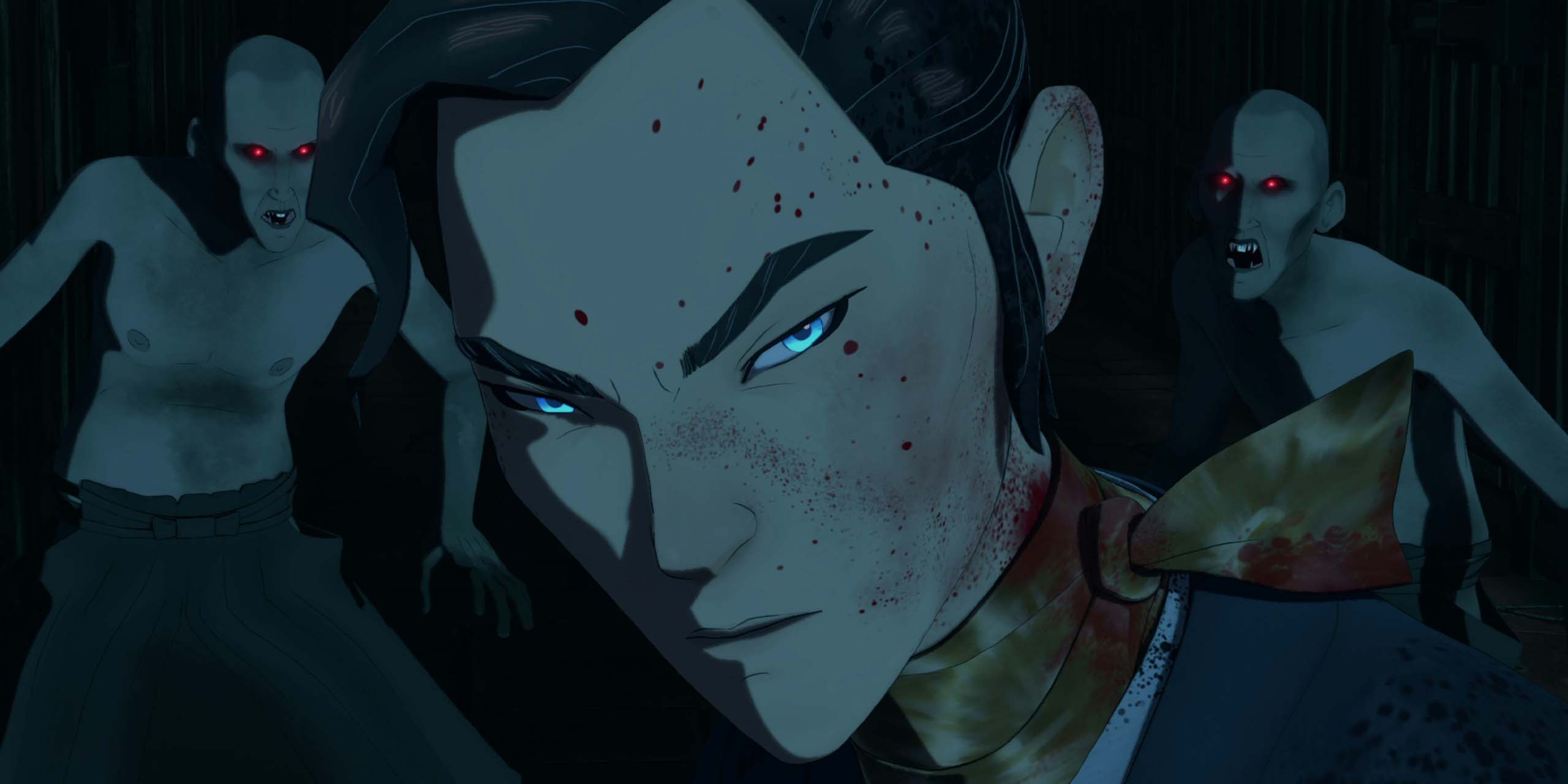 Mizu (Maya Erskine) attaqué par des hommes possédés dans Blue Eye Samurai.