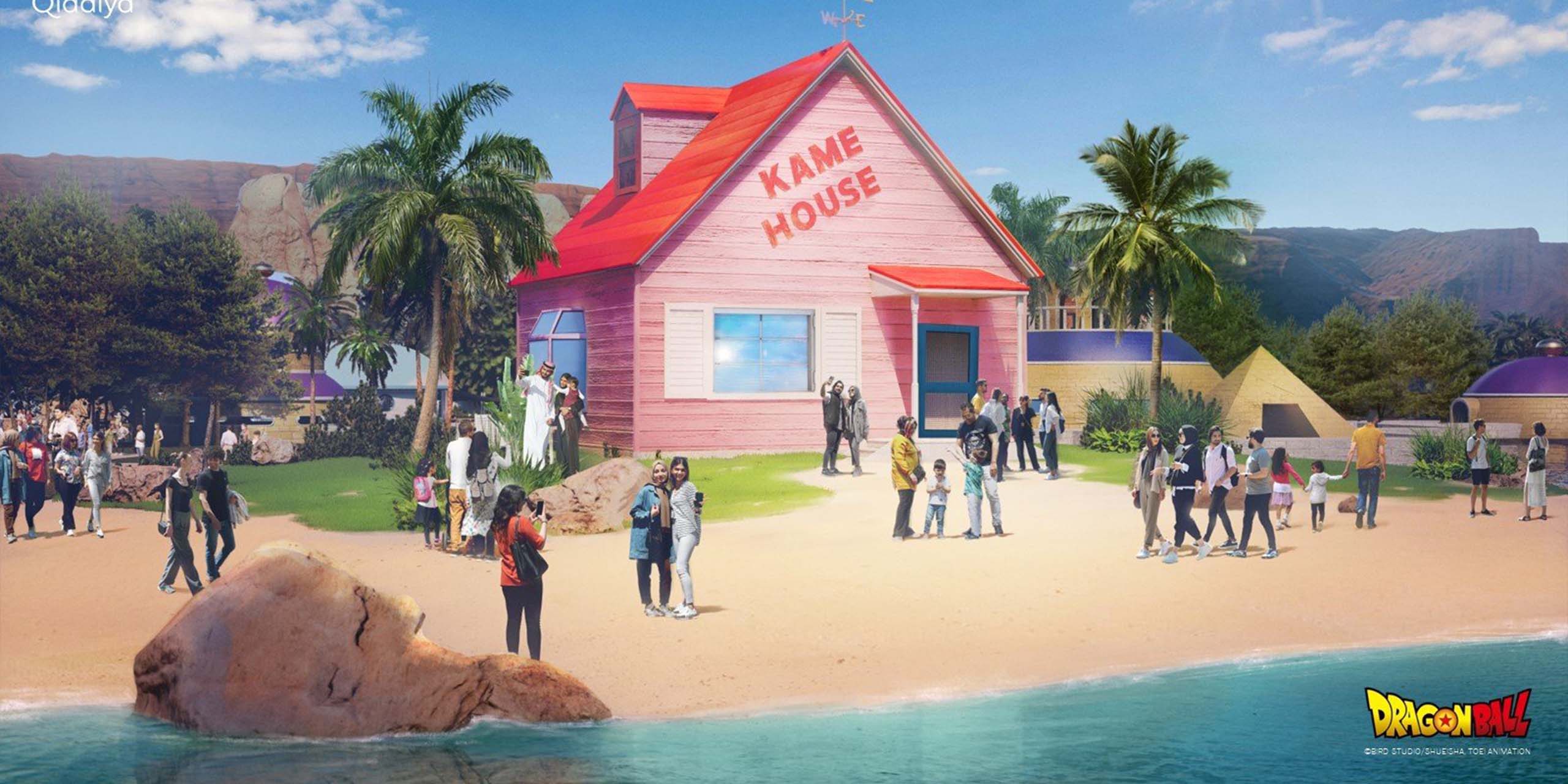 Concept Art d'un parc d'attraction Dragon Ball avec la maison de Tortue Géniale.