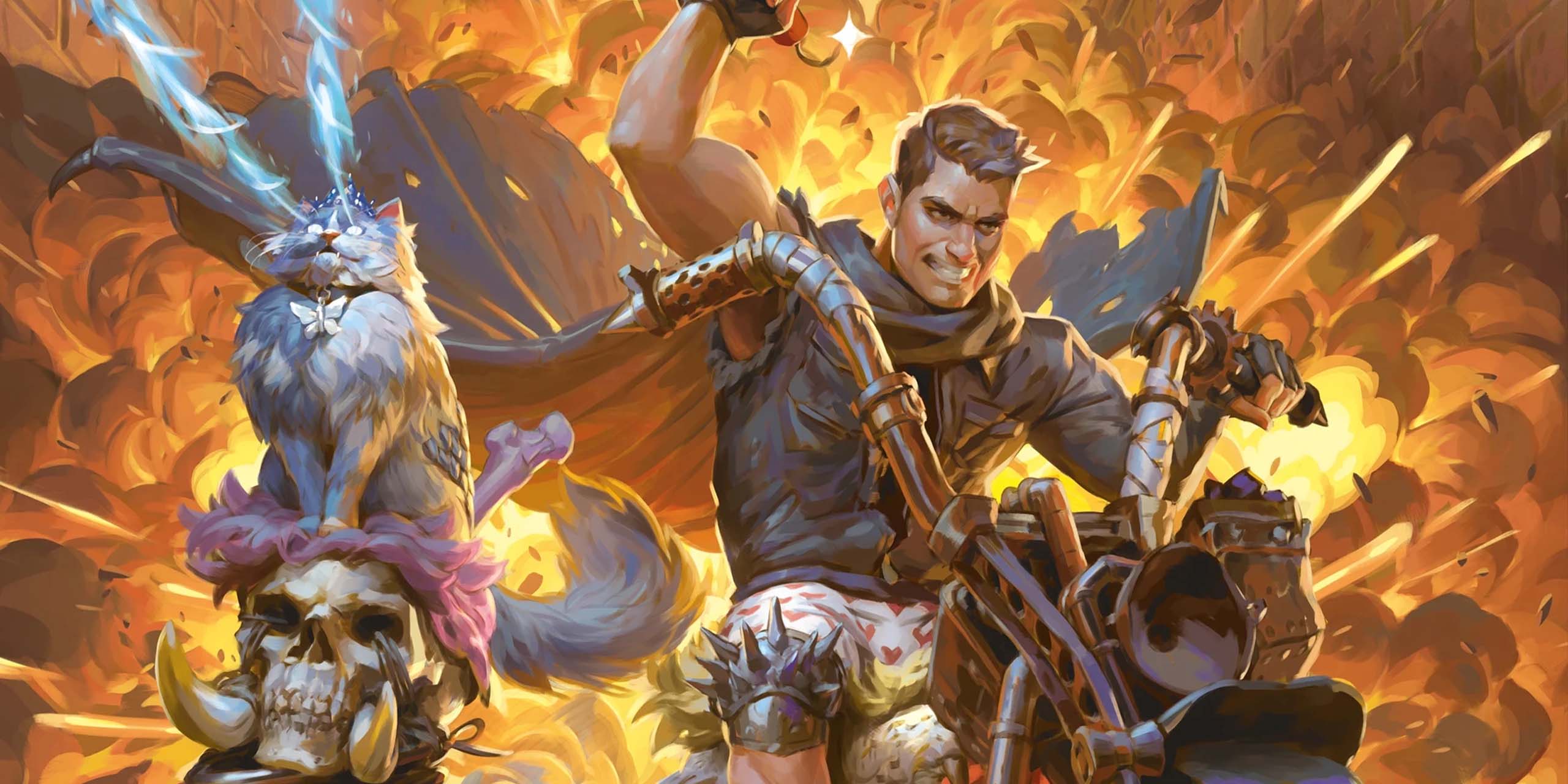 Carl à moto avec son chat qui lance des lasers avec ses yeux sur la couverture du livre Dungeon Crawler Carl.