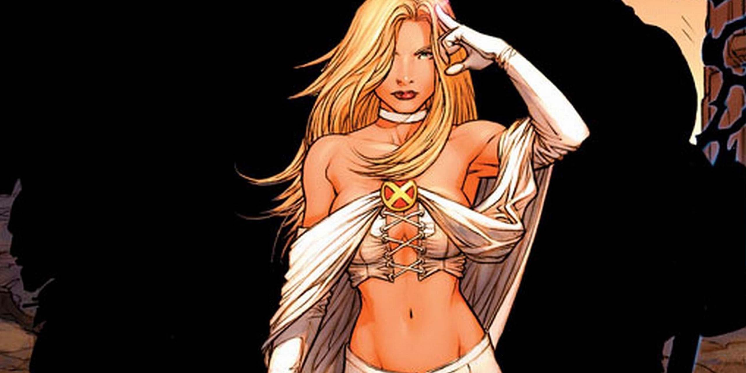 Emma Frost en tenue d'X-Men dans les comics Marvel.