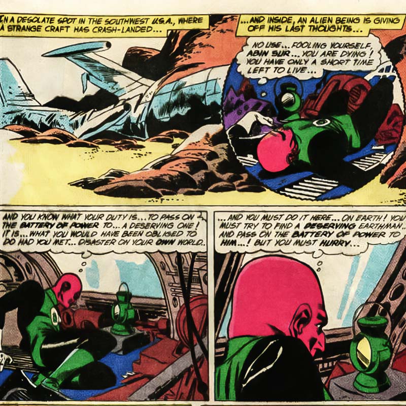 L'accident d'Abin-Sur sur Terre qui changea le destin d'Hal Jordan dans les comics Green Lantern.