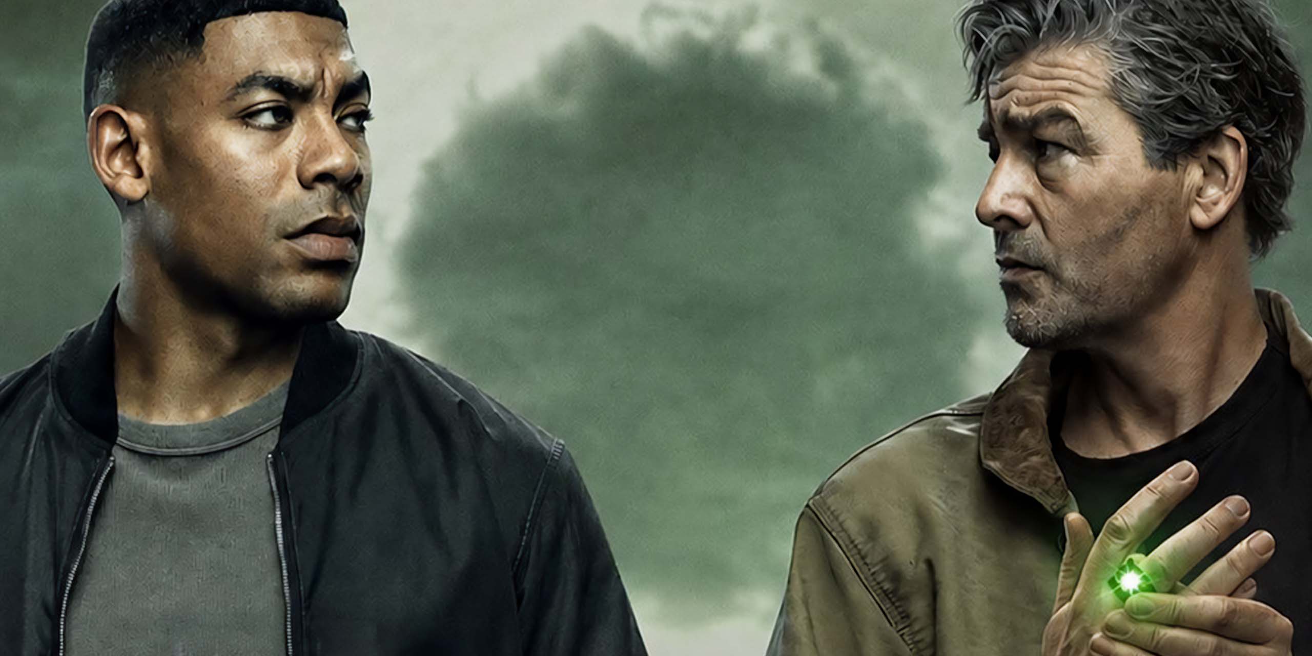 John Stewart (Aaron Pierre) face à Hal Jordan (Kyle Chandler), son anneau de Green Lantern brillant dans Lanterns