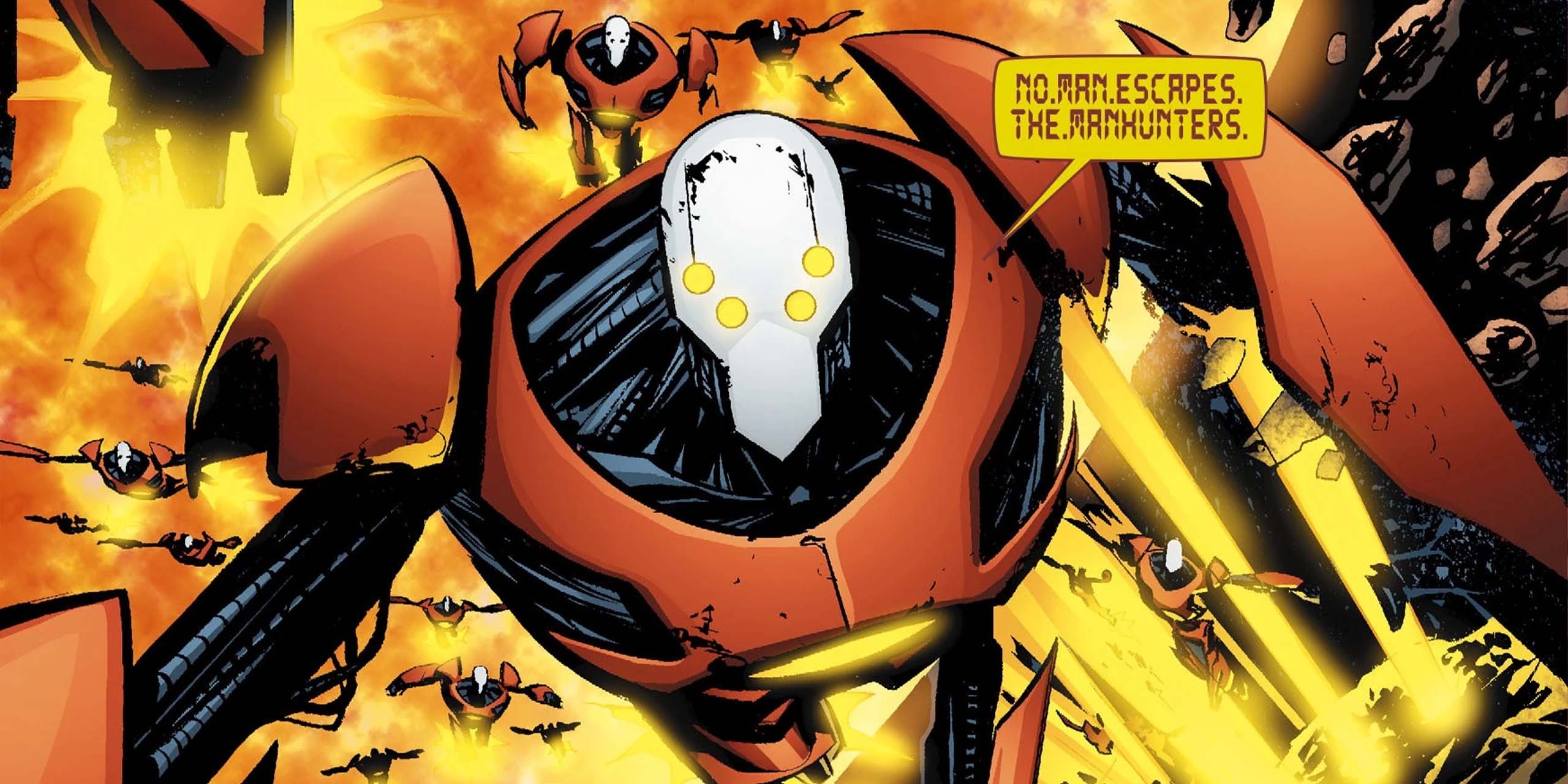 Une armée de manhunters prononçant le dialogue : "Personne n'échappe aux Manhunters." dans les comics Green Lantern.