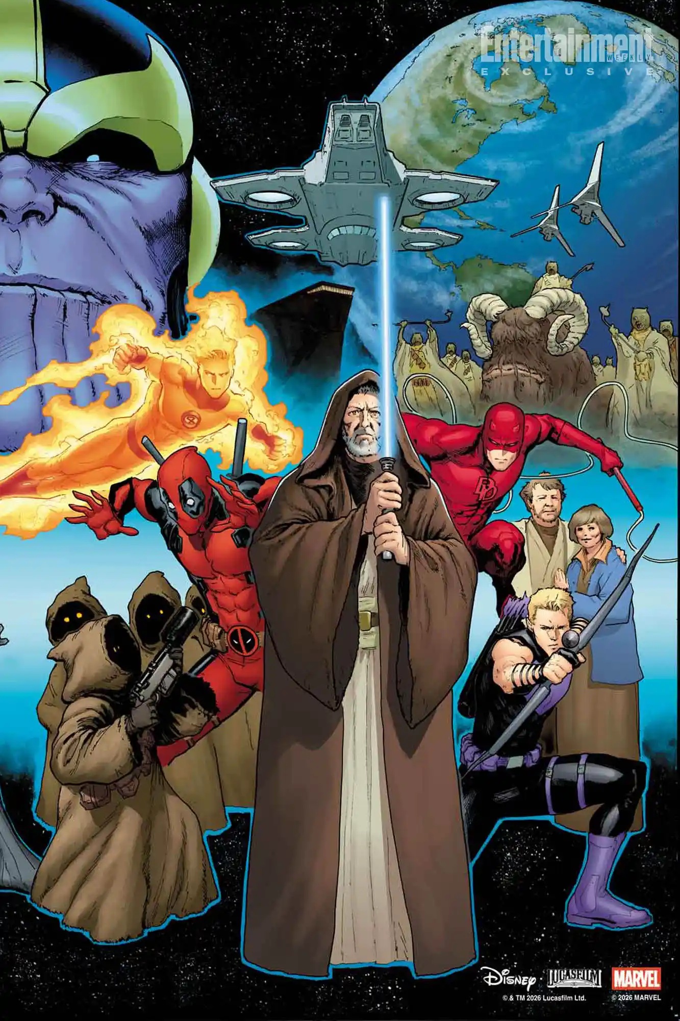Oi-Wan Kenobi, Deadpool, Daredevil, Hawkeye, la Torche humaine, Thanos et bien d'autres se retrouvent sur la couverture de Star Wars/Marvel: Hope Assembles.