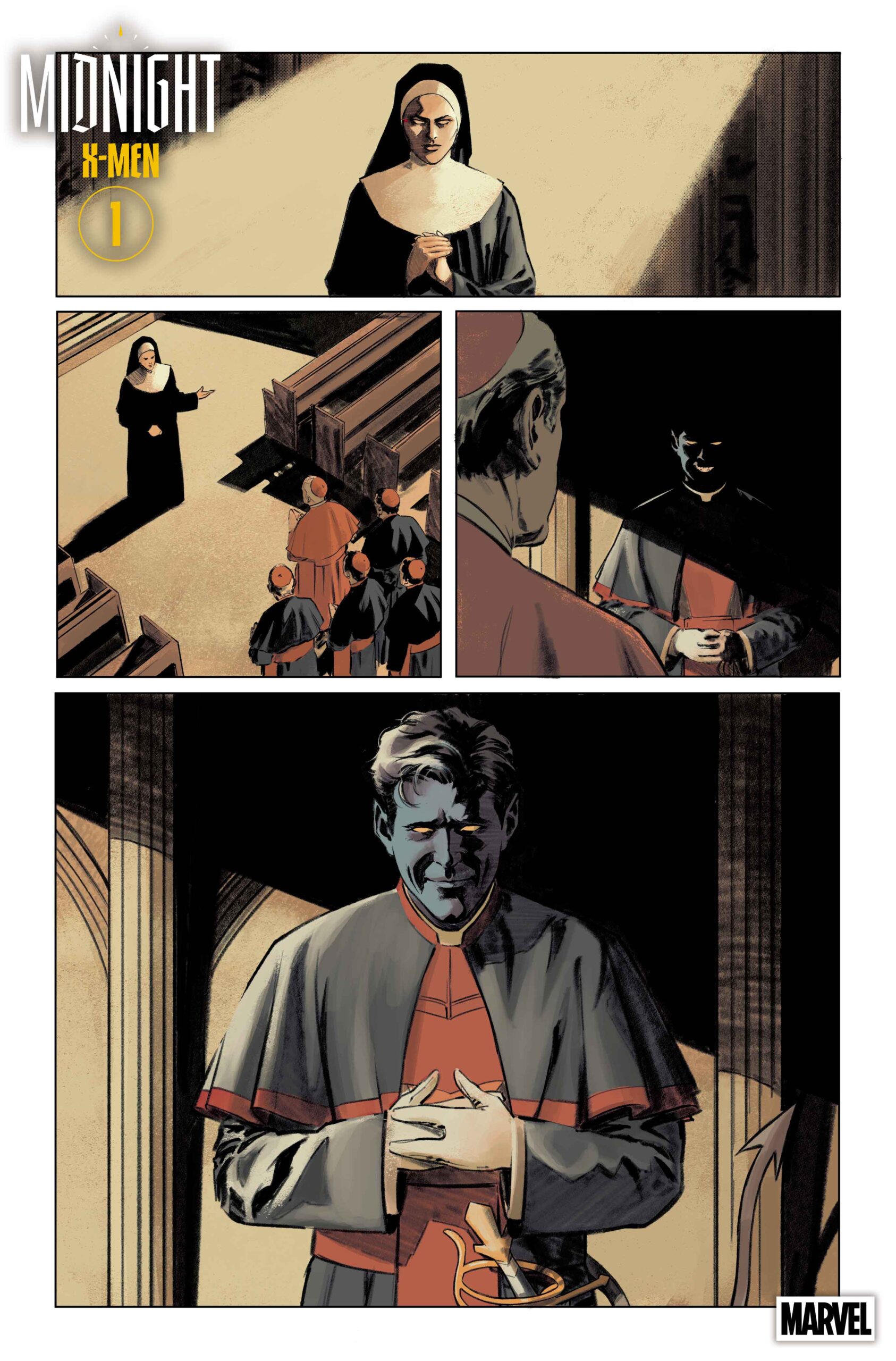 Planche extraite de Midnight X-Men mettant en scène Diablo dans une église.