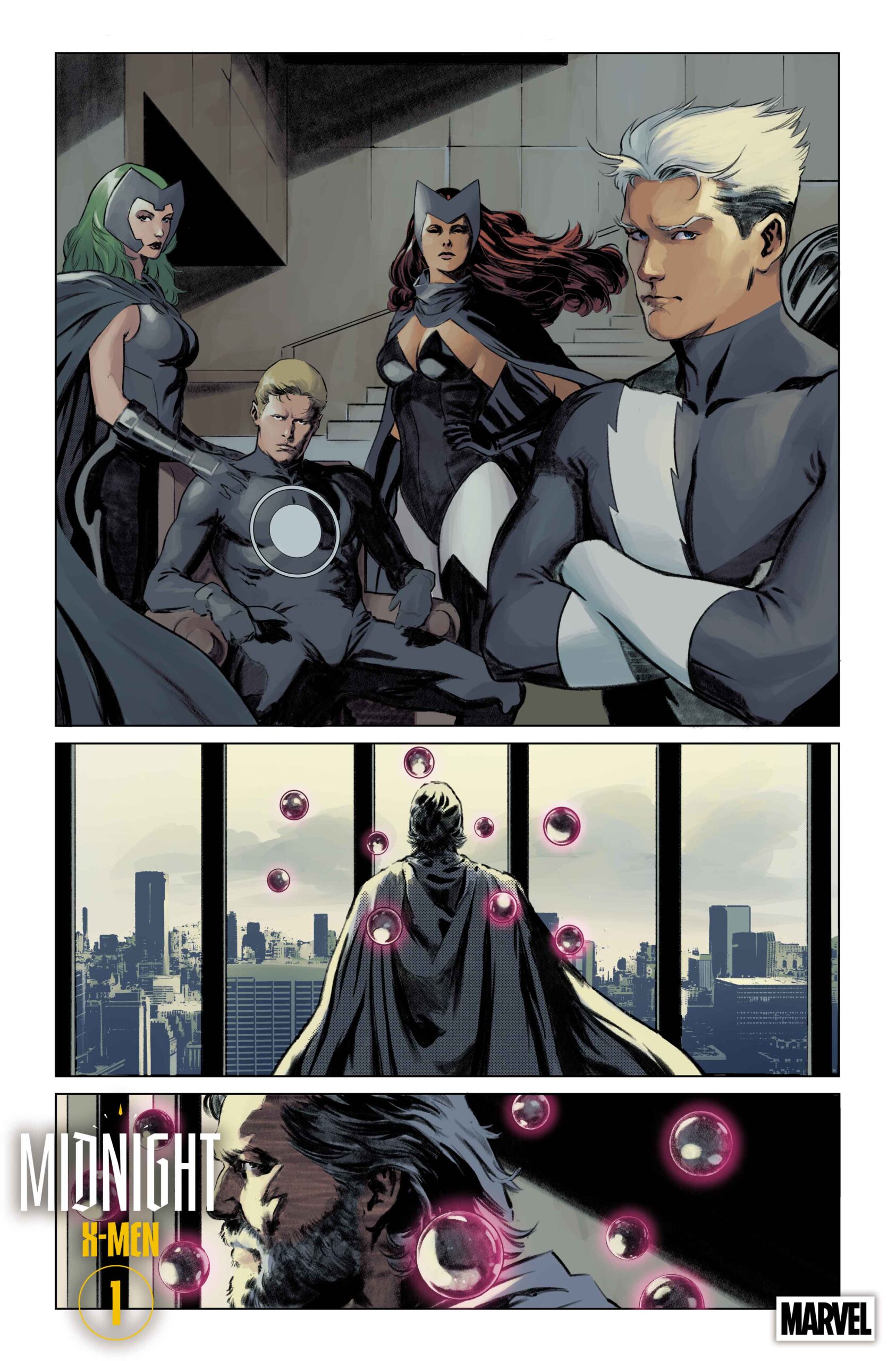Planche extraite de Midnight X-Men mettant en scène Magnéto, Polaris, Wanda et Pietro Maximoff ainsi que Alex Summers, alias Havok..