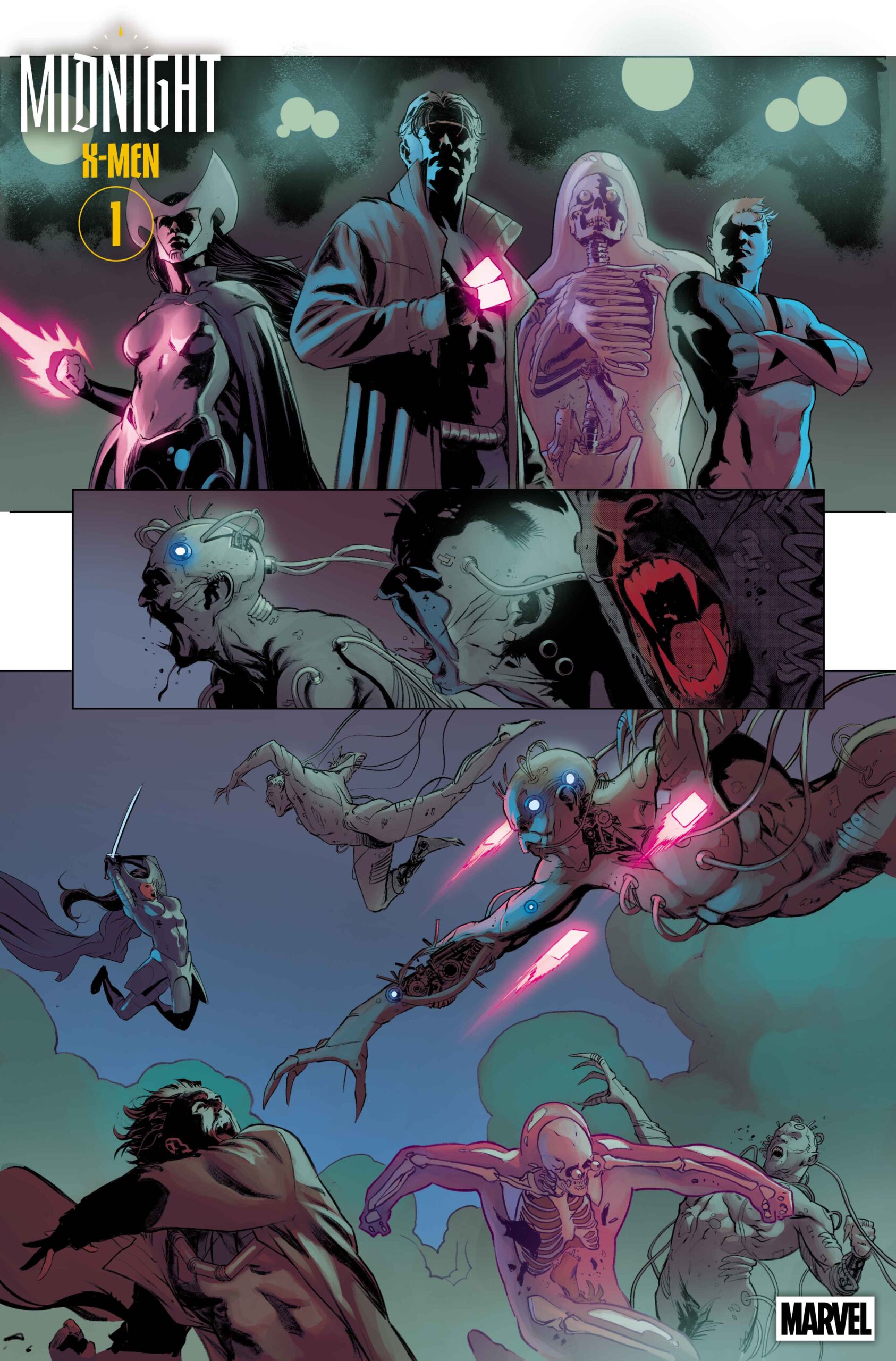 Planche extraite de Midnight X-Men mettant en scène mutants (Gambit, Psylocke) contre vampires.