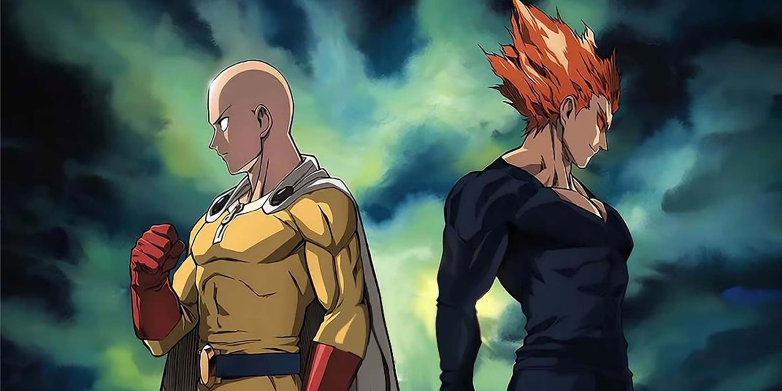 Saitama et Garou se tournant le dos sur l'affiche de la saison 3 de One-Punch Man.