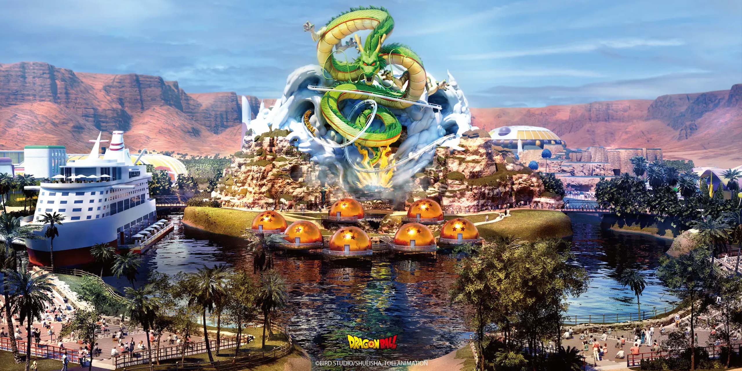 Concept Art d'un parc d'attraction Dragon Ball avec un statue du dragon et des boules de cristal.
