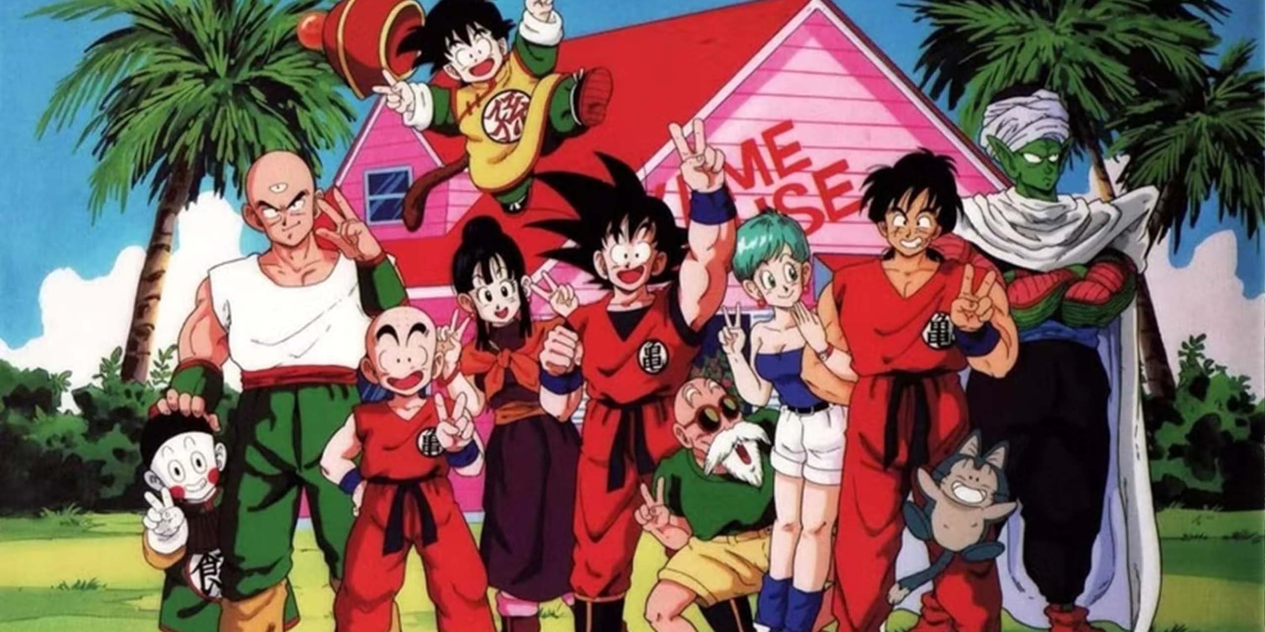 L'ensemble des personnages de Dragon Ball devant la maison de Tortue Géniale.