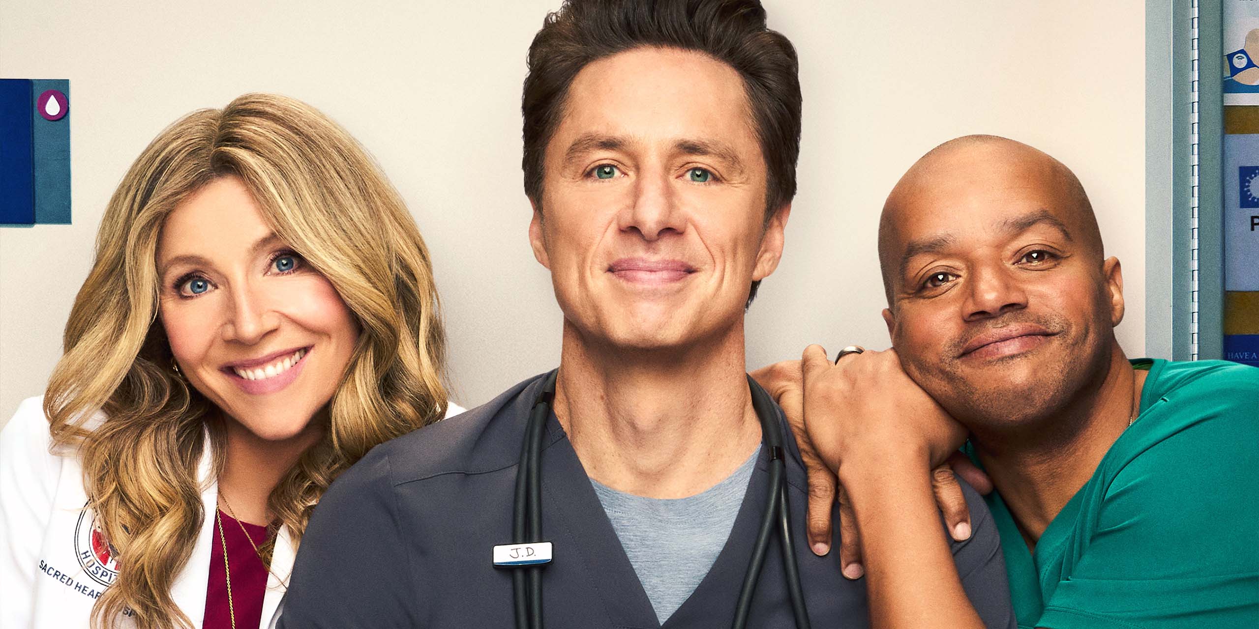 J.D. (Zach Braff), Turk (Donald Faison) et Elliot (Sarah Chalke) dans Scrubs (2016).