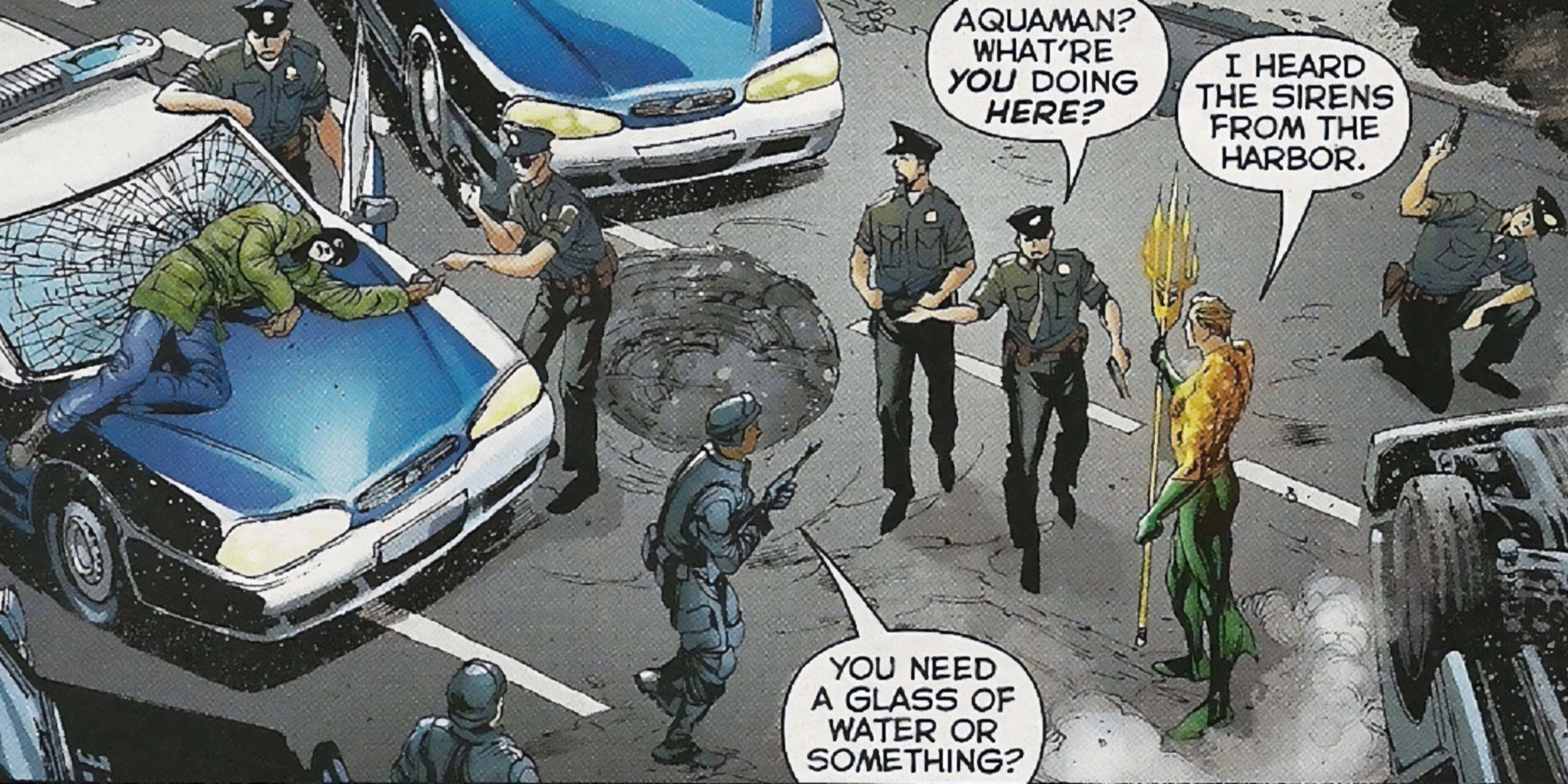 Aquaman moqué par des officiers de police dans les comics DC.