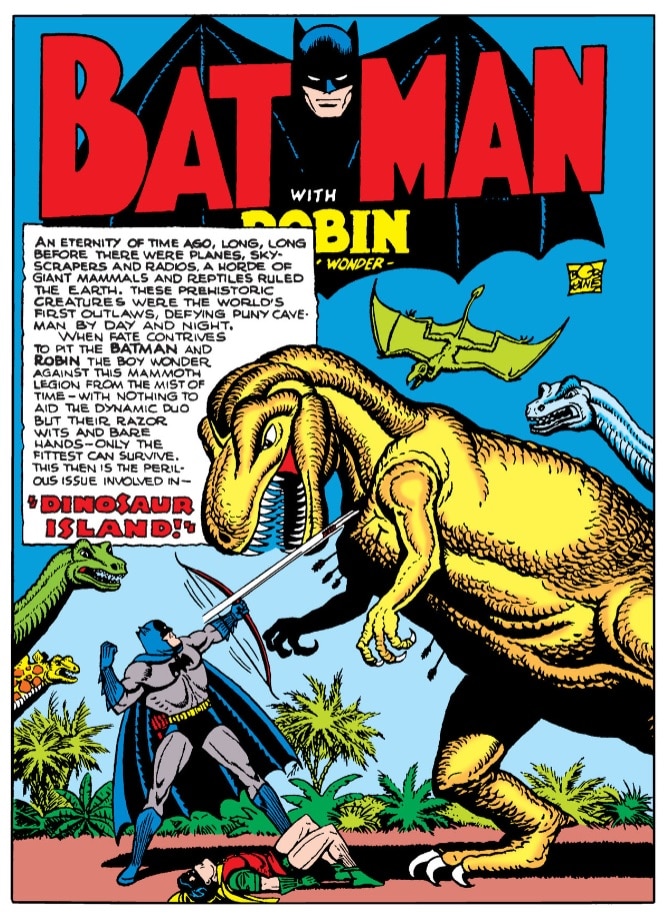 Dans Batman #35 (1946 ), Batman et Robin combattent un Tyrannosaure rex animatronique sur l'Île aux Dinosaures.
