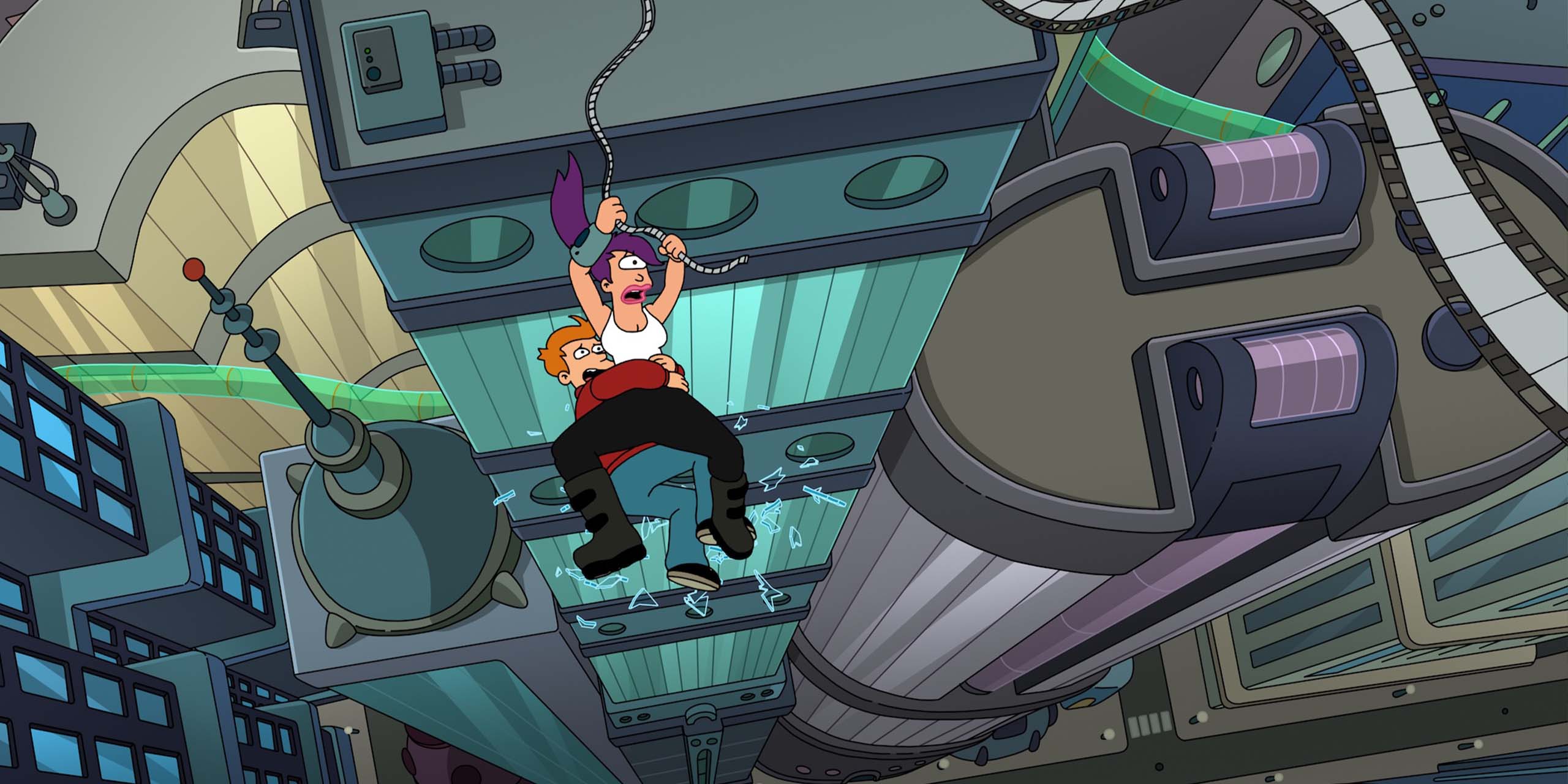 Fry et Leela tombe au dessus de la ville dans la saison 14 de Futurama.
